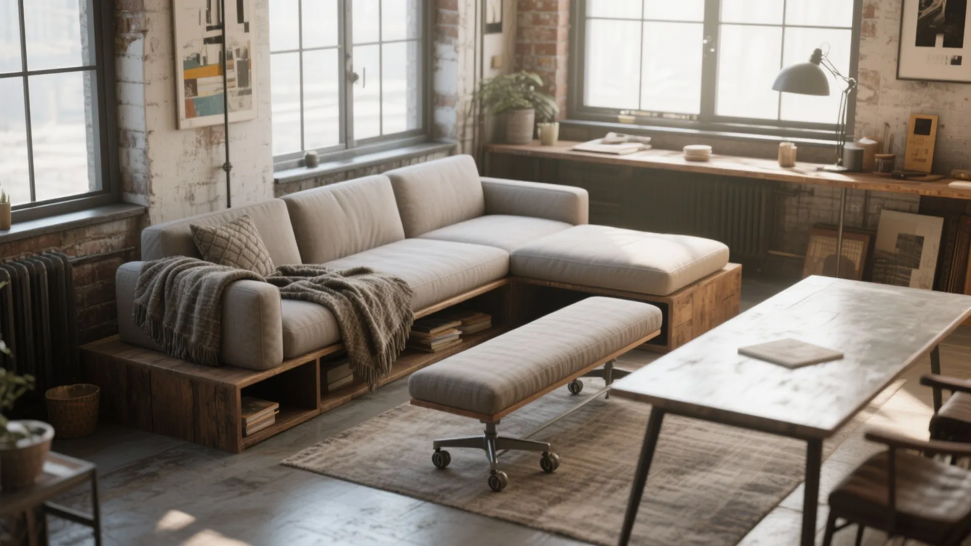 Industrial living room with grey sofa wooden base long bench rug and large brick windows