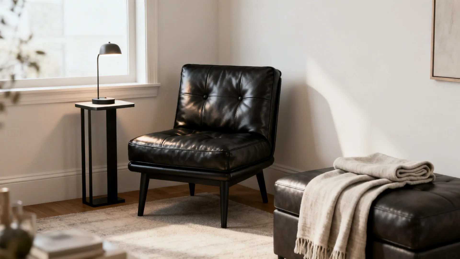 Compact armless black leather chair beside a narrow side table in a light small living room