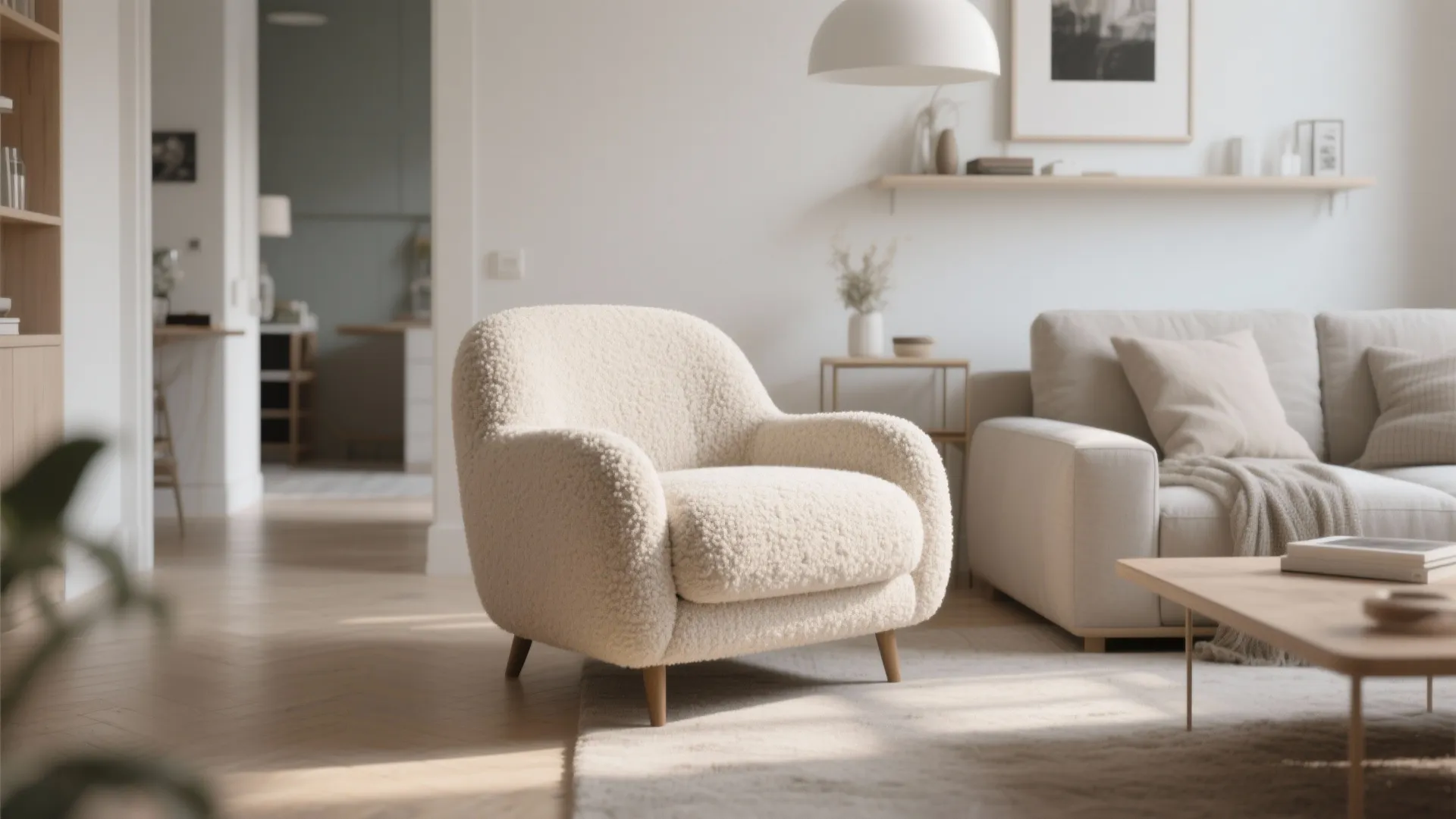Soft boucle armless chair in a minimalist small living room