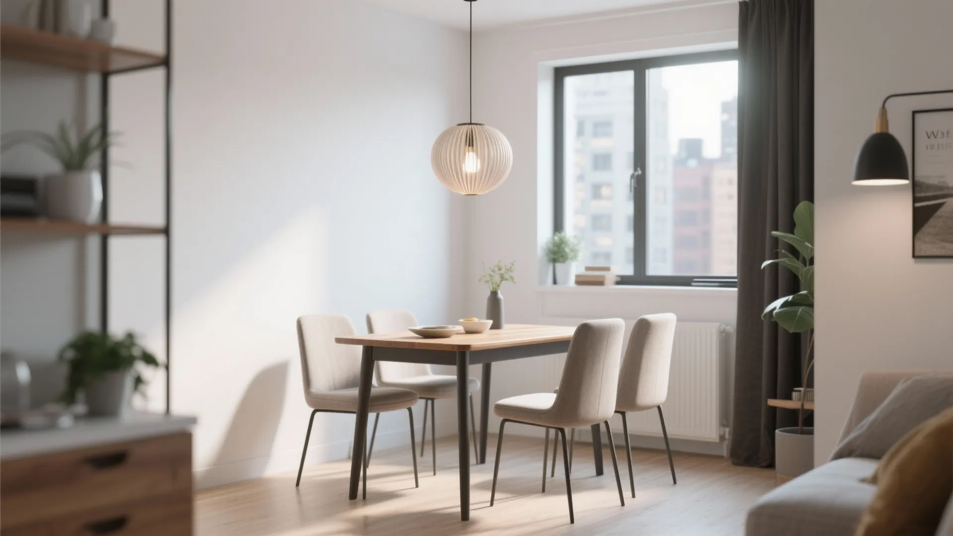 Modern dining area with wooden table four beige chairs round ceiling light and large window