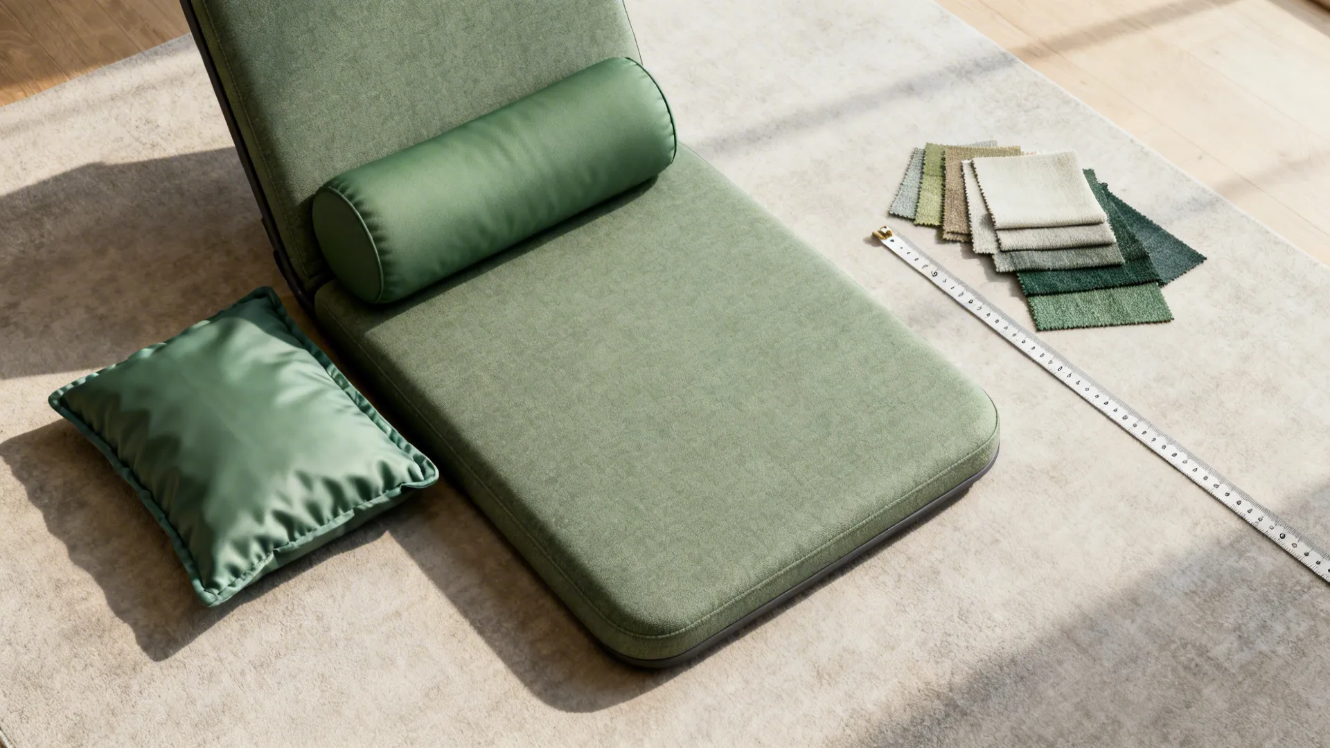 Top-down flatlay of armless lounge chair with separate memory-foam lumbar pillow and fabric swatches