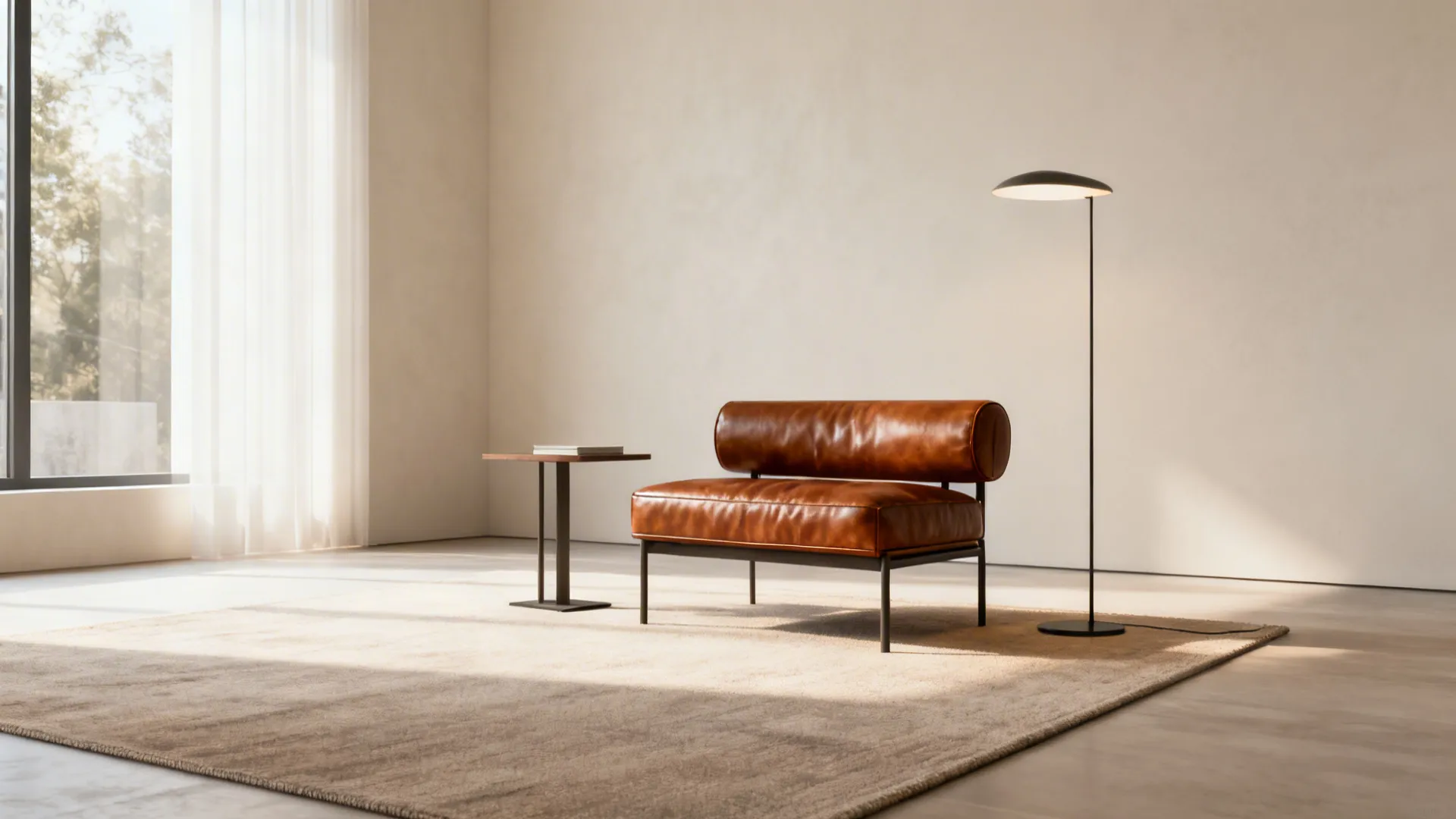Modern brown leather sofa with a small side table and black floor lamp on rug