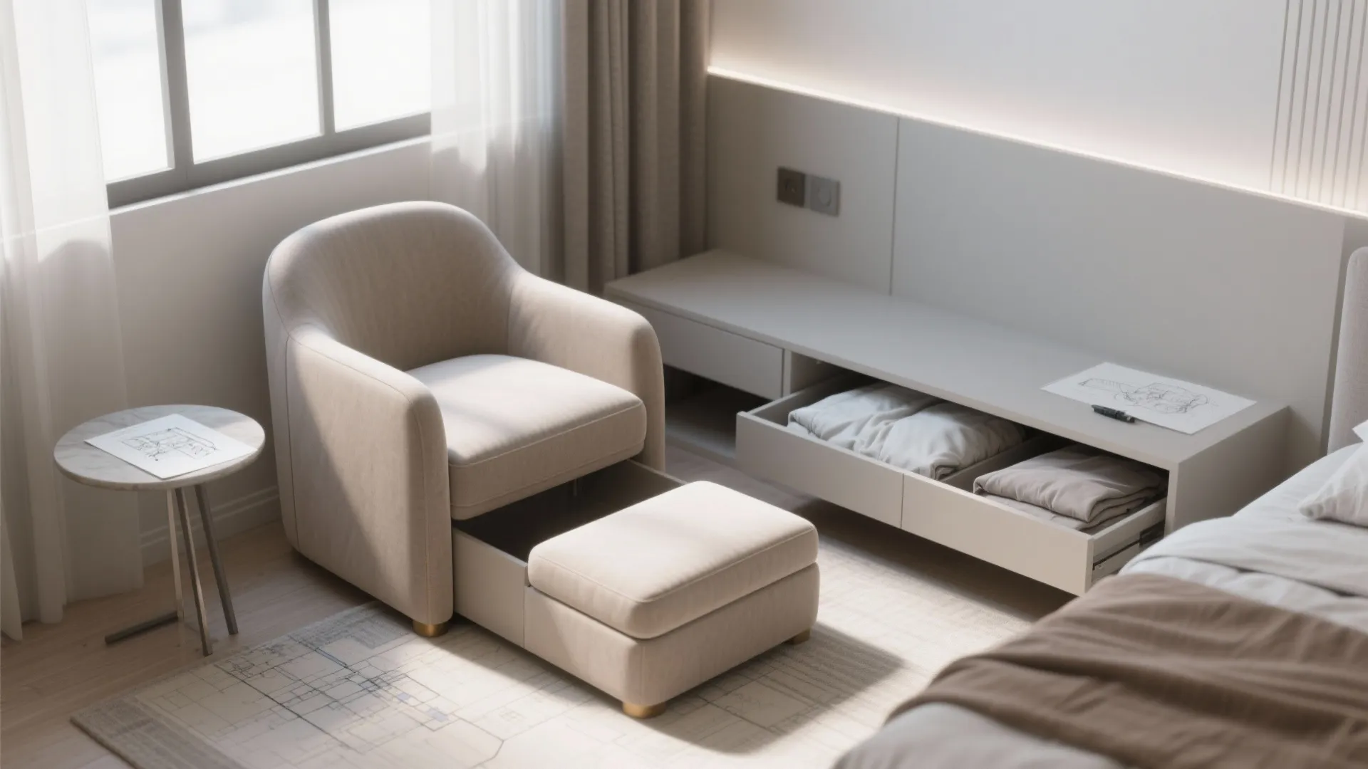 2. Armless accent chair with storage ottoman