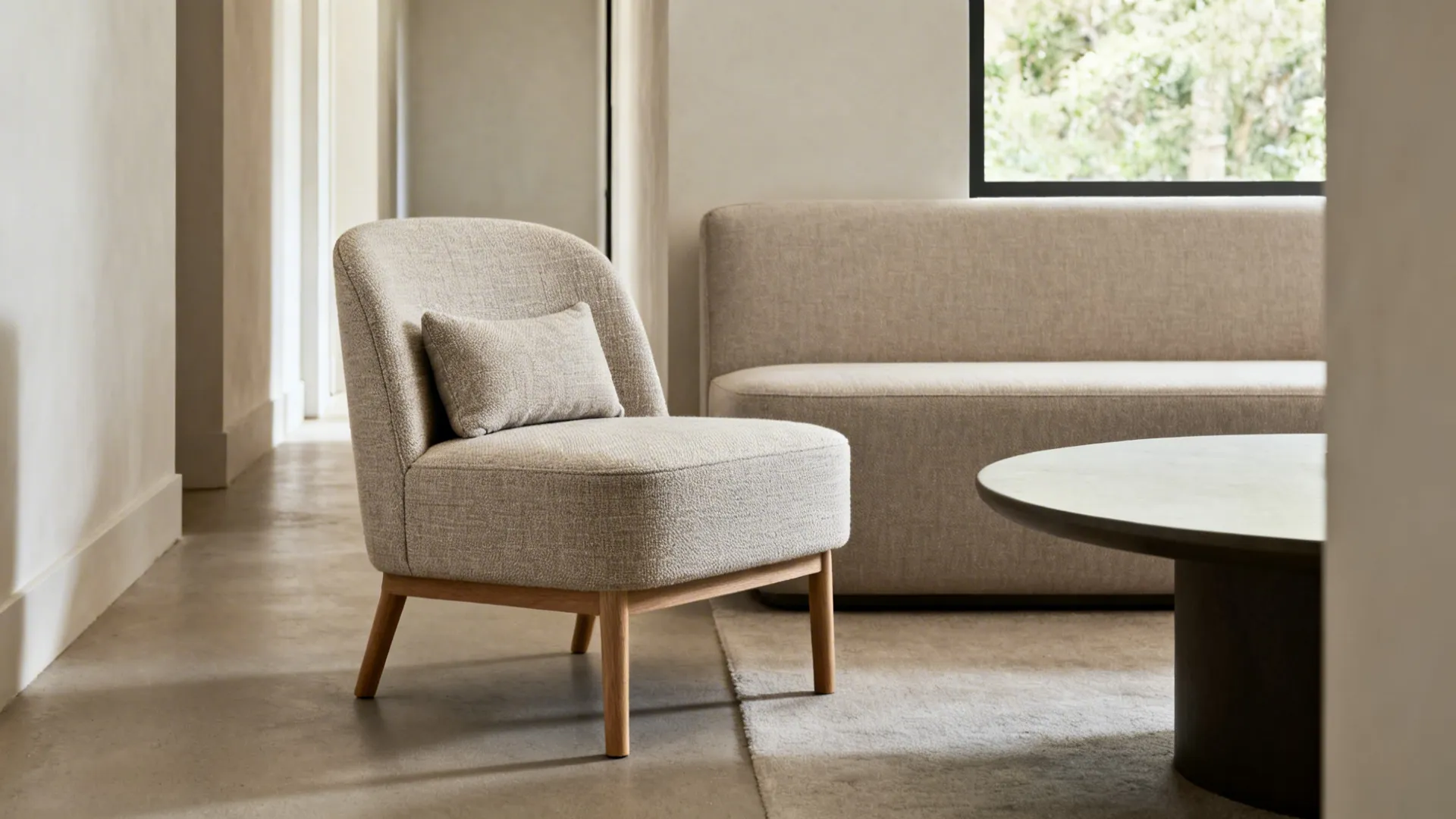 Armless slipper chair next to a slim sofa, opening sightlines around a round table.
