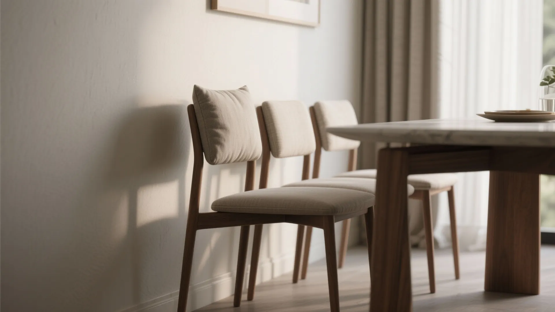 Armless dining chairs with slim backs fitted along a narrow table to maximize seating in a compact space.