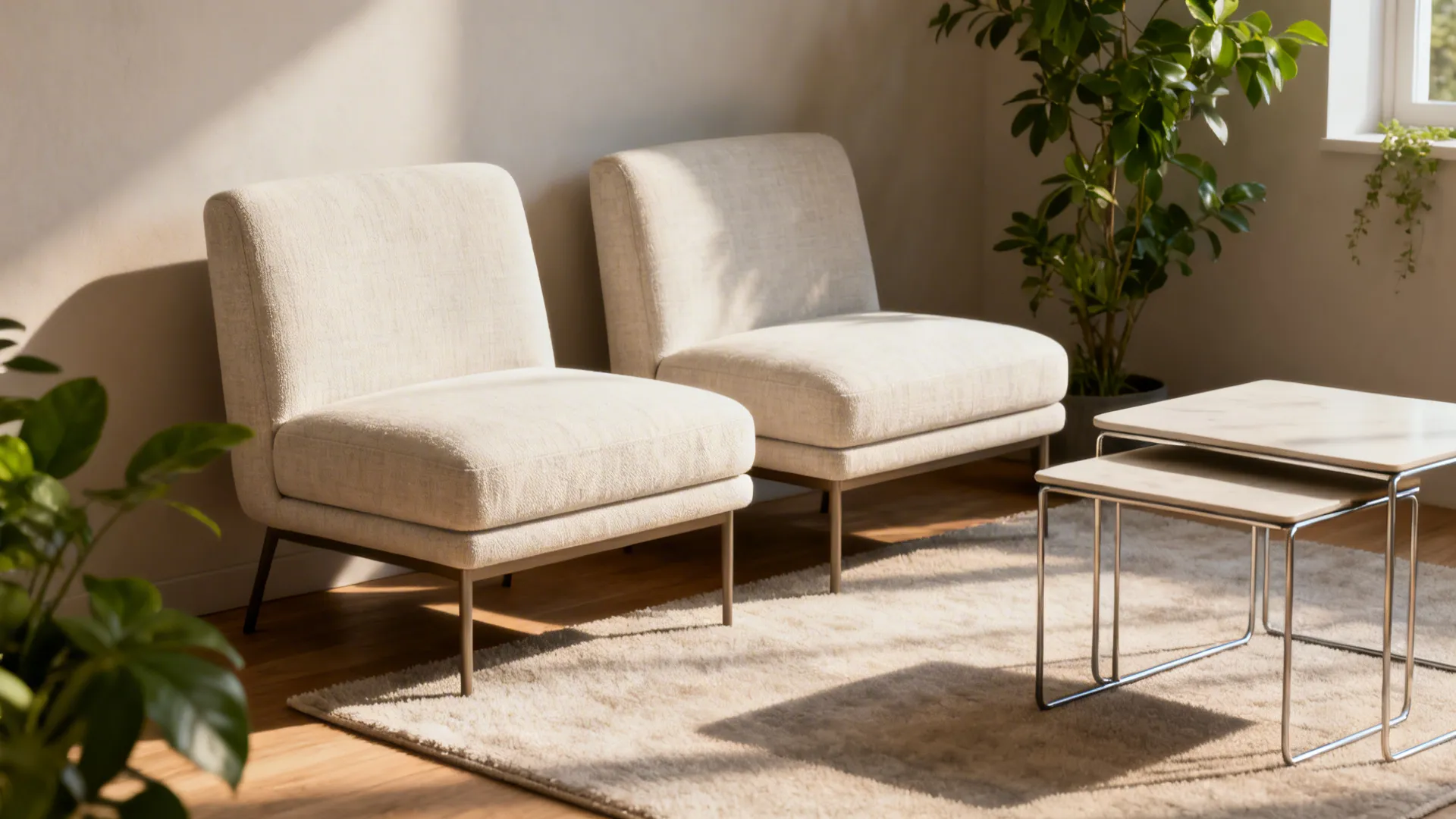 Armless accent chairs paired with nesting side tables on a light rug in a small living room.
