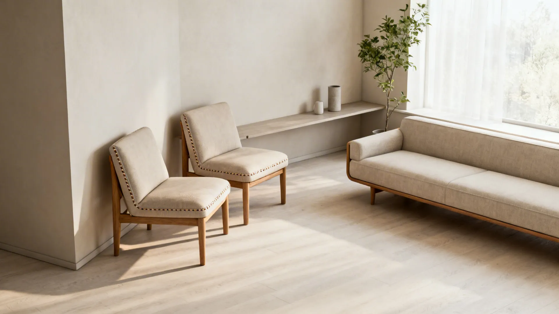 Armless accent chairs paired with a narrow console in a small living room corner.
