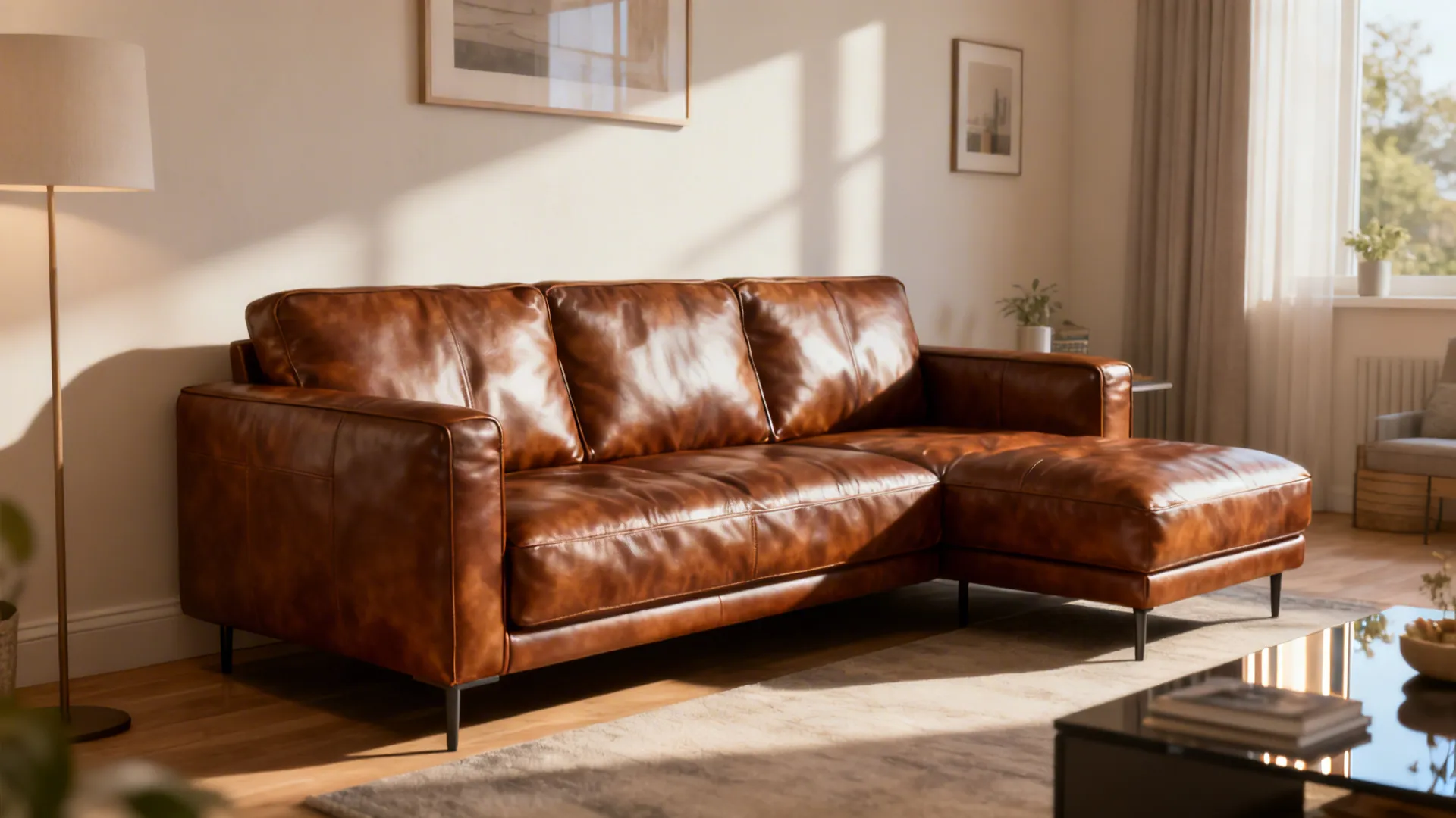 Armless leather loveseat with a short chaise in a bright compact living room
