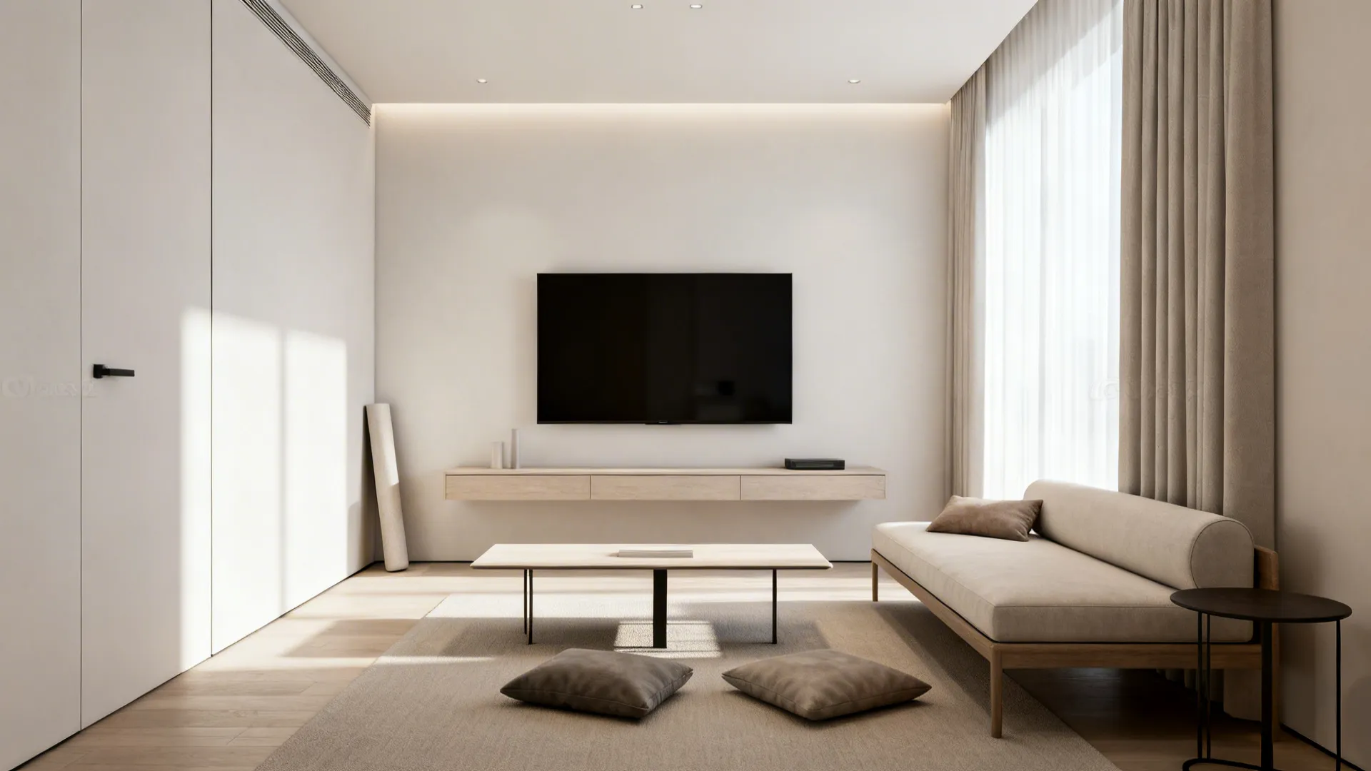 Armless chaise in a small living room paired with a narrow coffee table to keep visual flow open.
