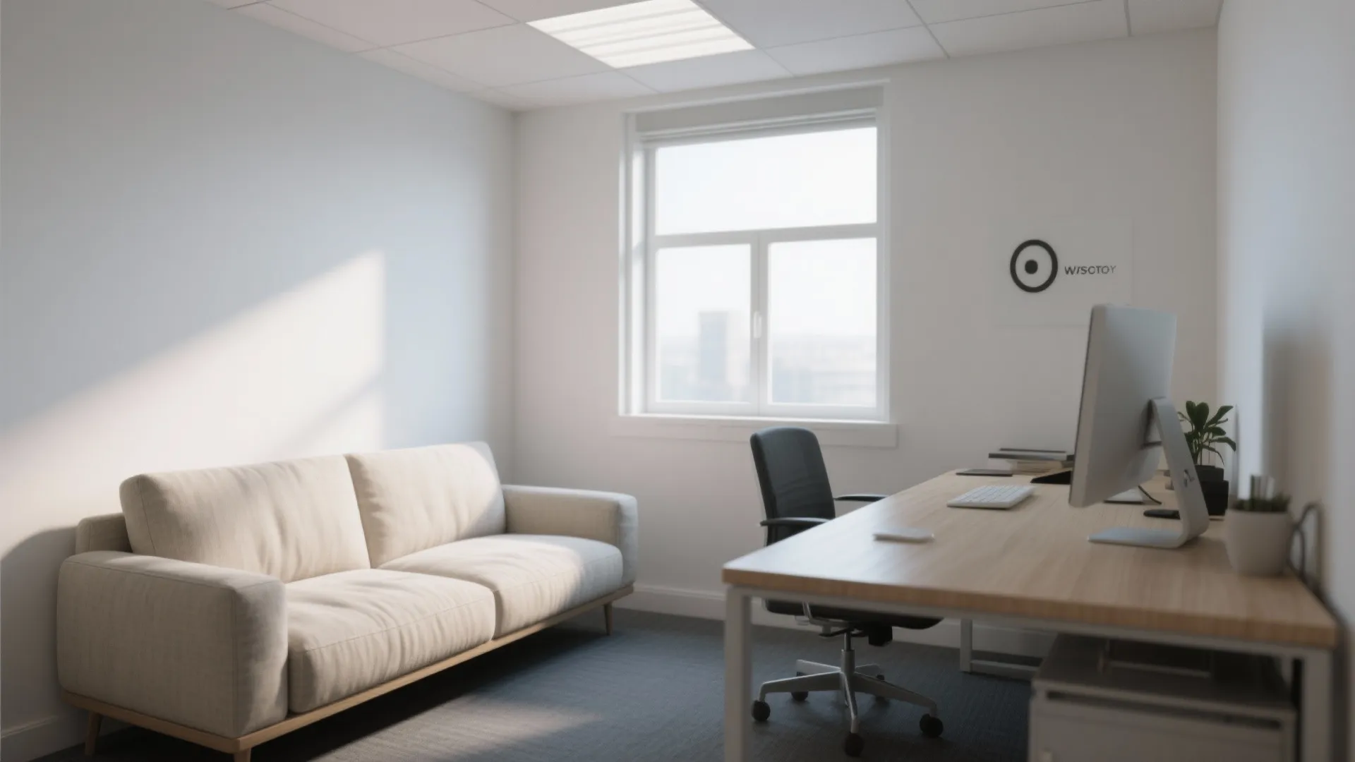 Airy small office with light armless couch