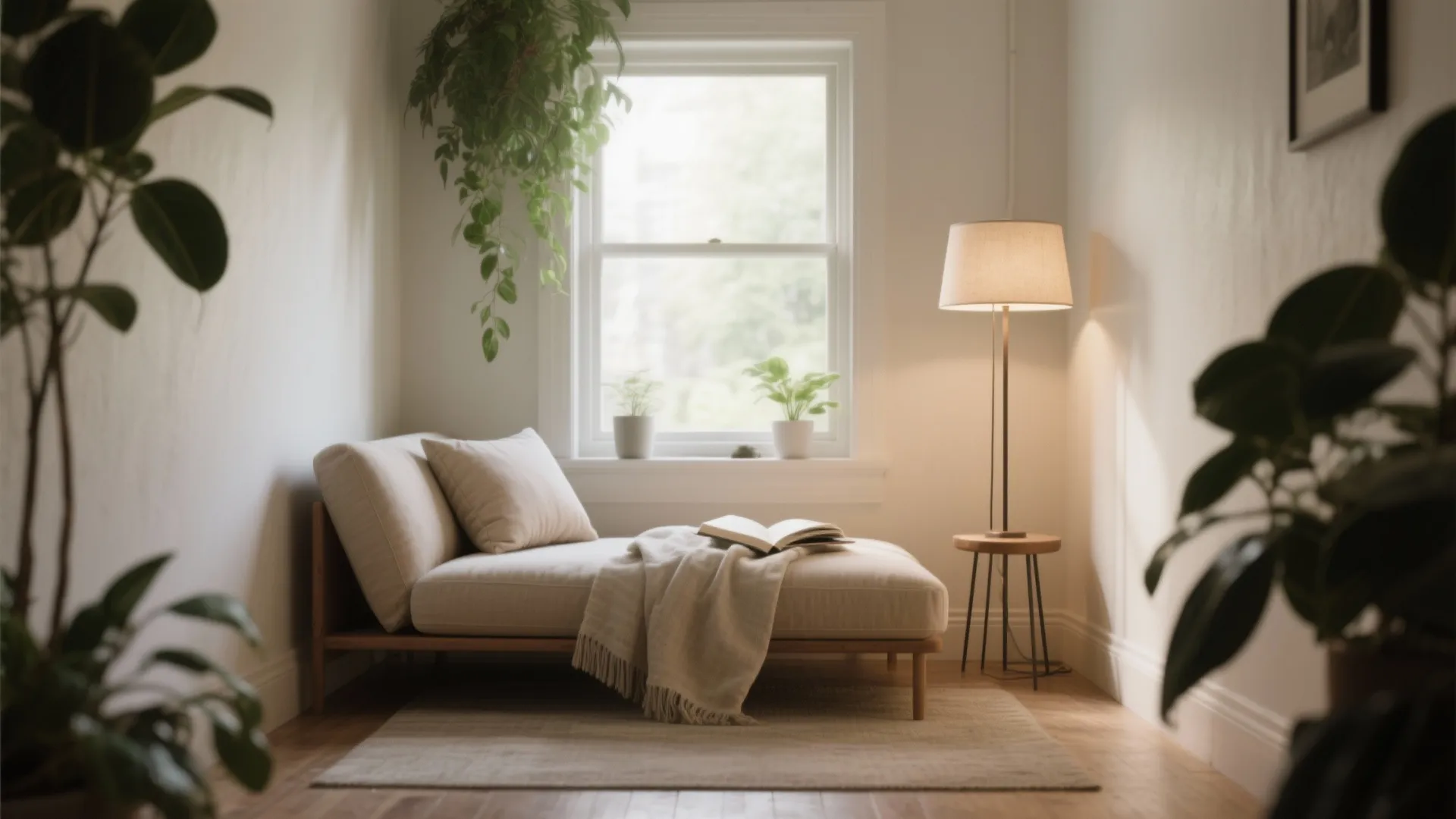 Cozy sofa with blanket and book near floor lamp wood side table and green indoor plants