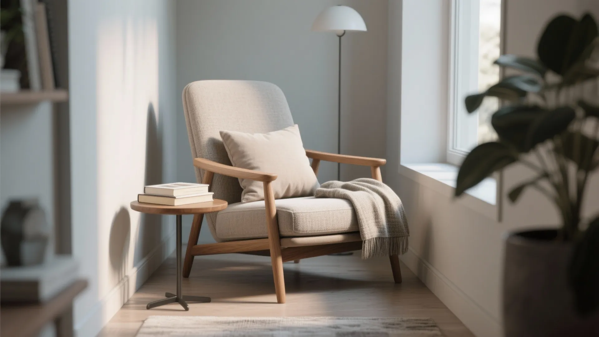 Modern grey armchair with wooden legs sitting next to a small round wood side table