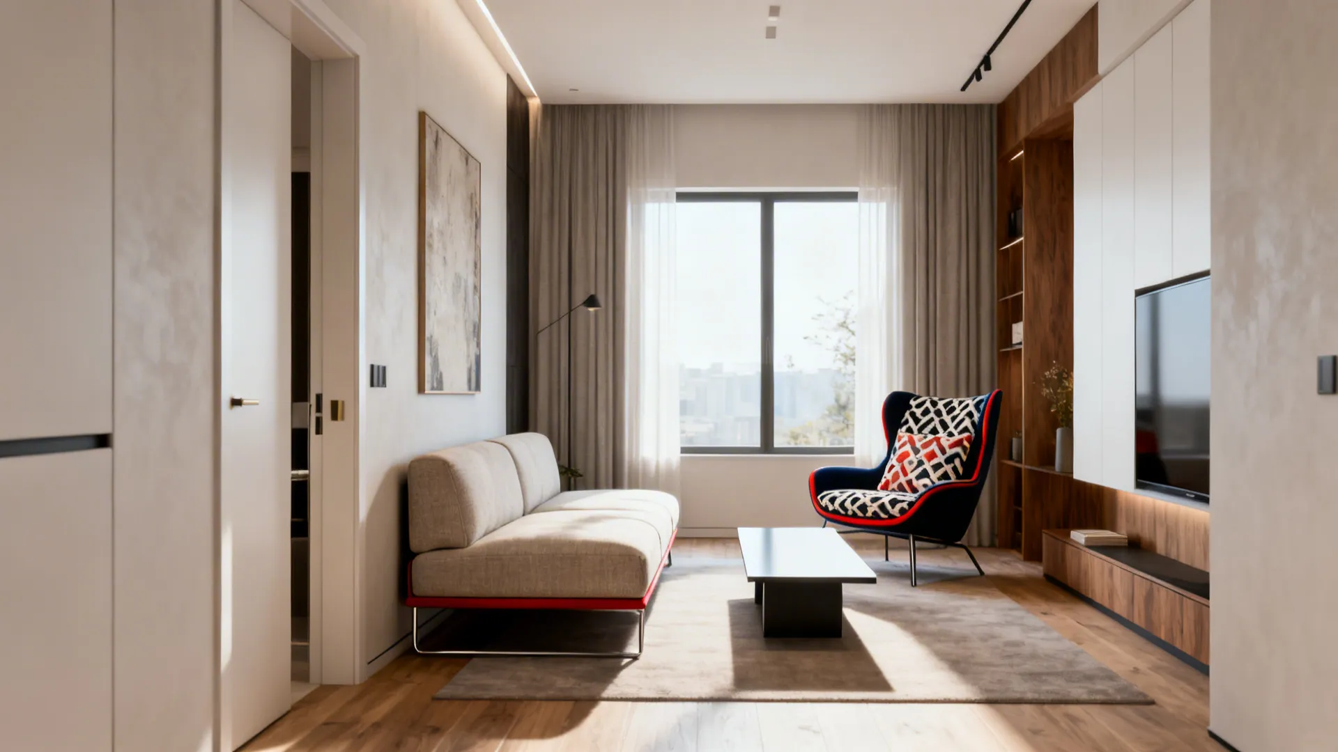 Armless loveseat with an accent chair and a slim rectangular coffee table in a narrow living room.