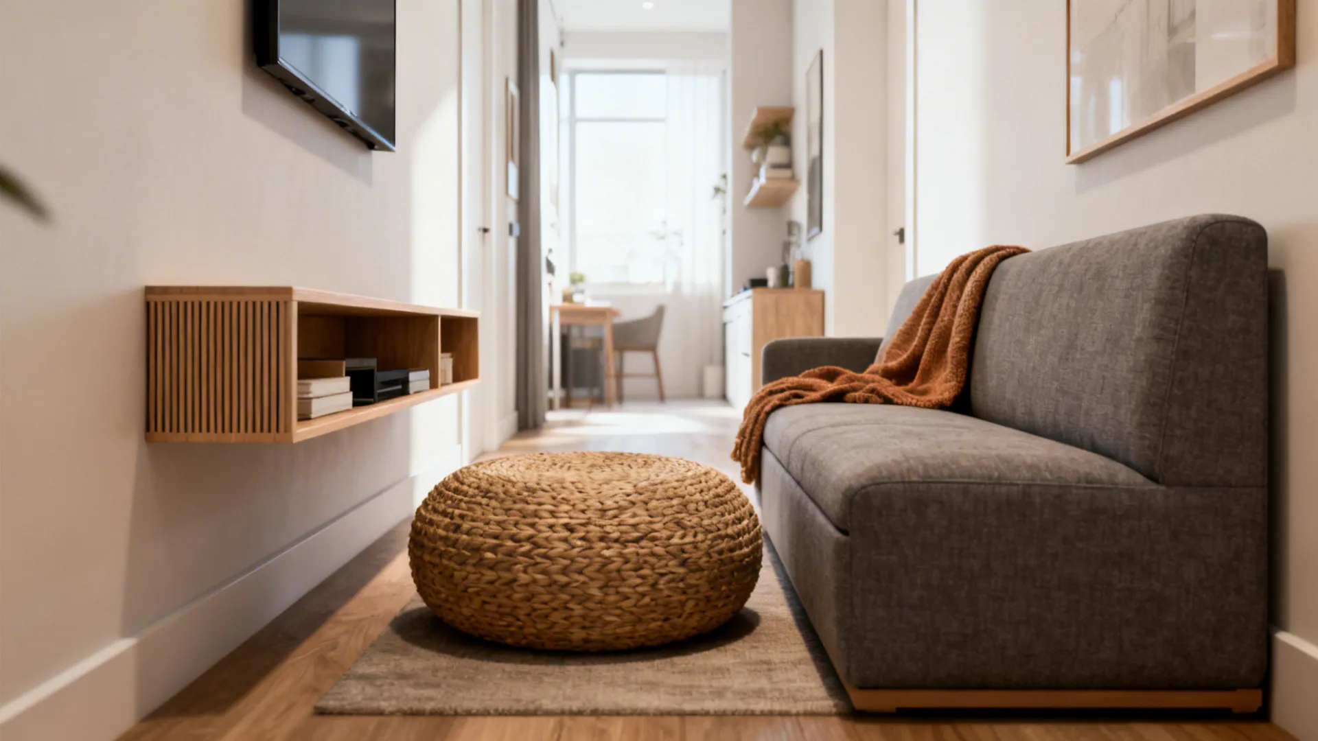 Armless loveseat with a pouf and slim media stand in a compact apartment living room.