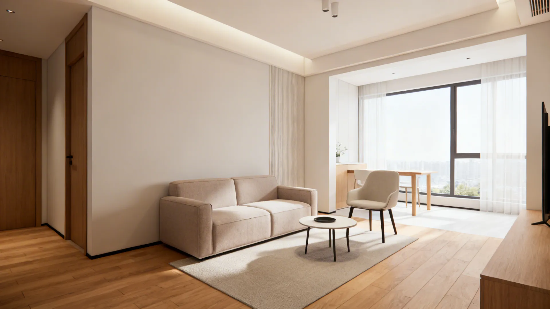 Compact studio with an armless loveseat, side chair, and small round table in a flexible layout.