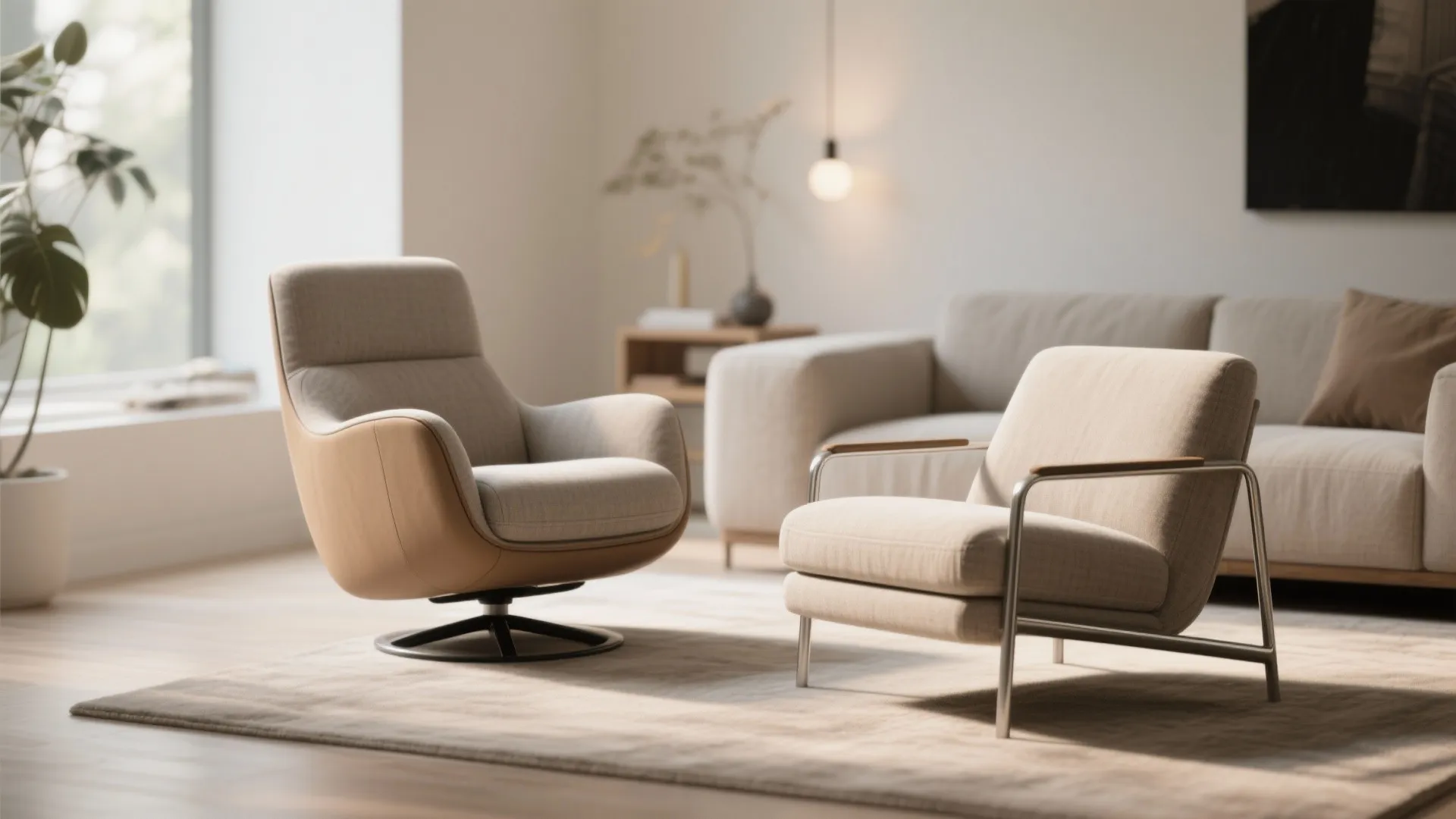 Armless and low-arm swivel recliners in a compact modern living room illustrating minimal profiles.