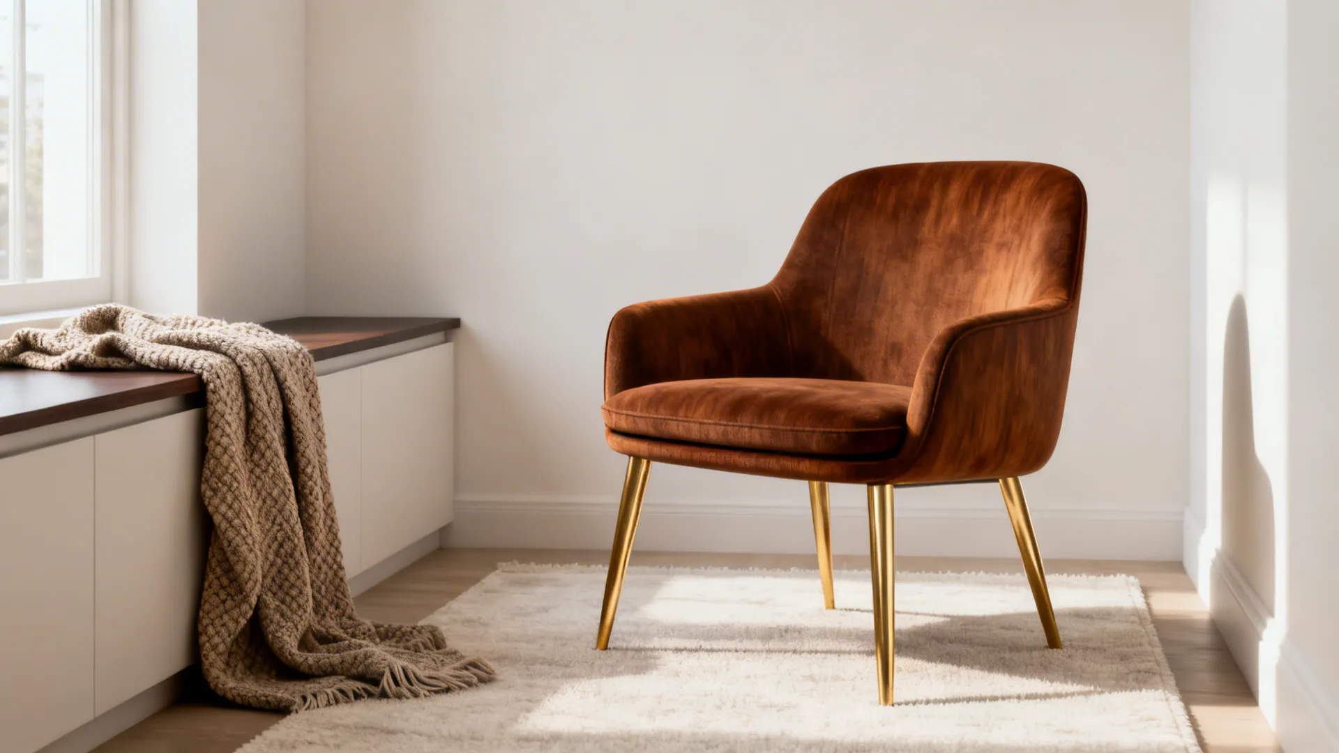Armless mid-century brown accent chair with brass legs by a narrow console