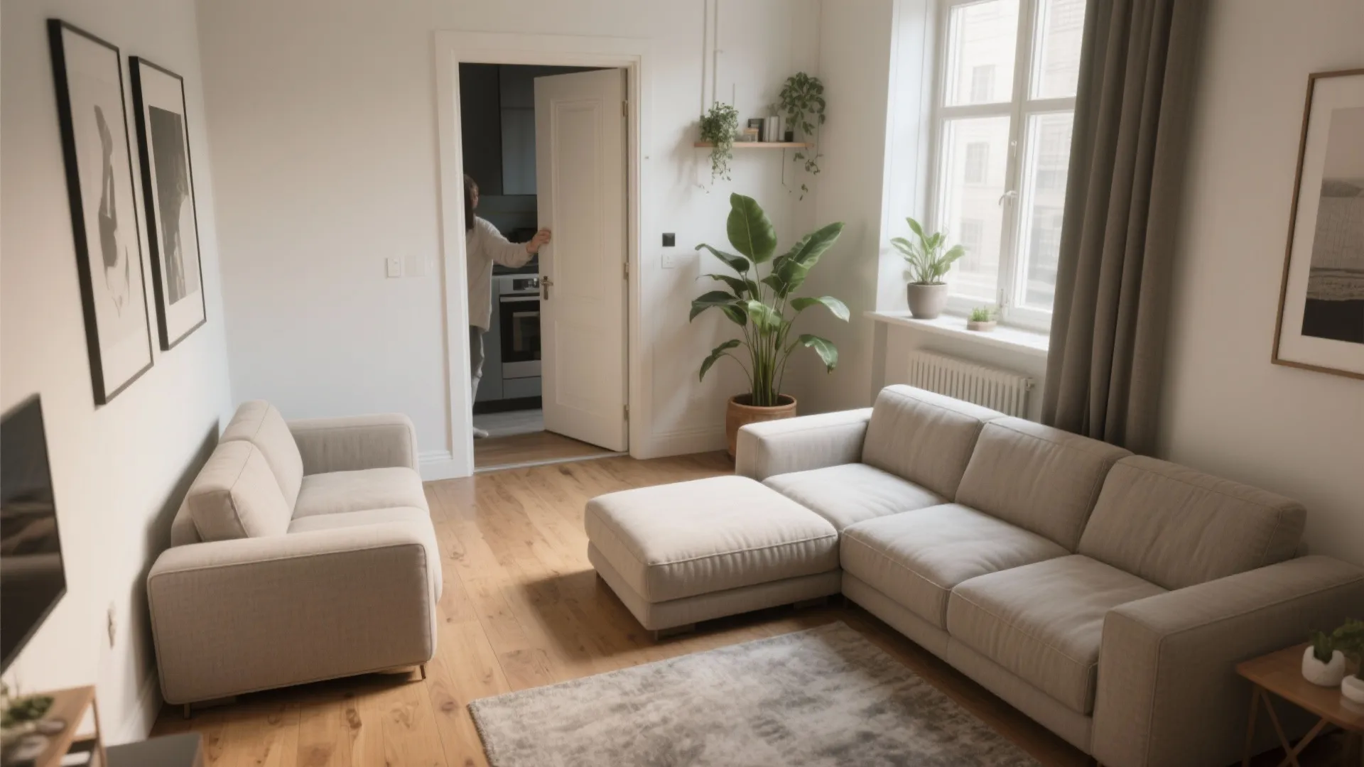 Bright living room layout with large beige sofa sectional and green plants near a window