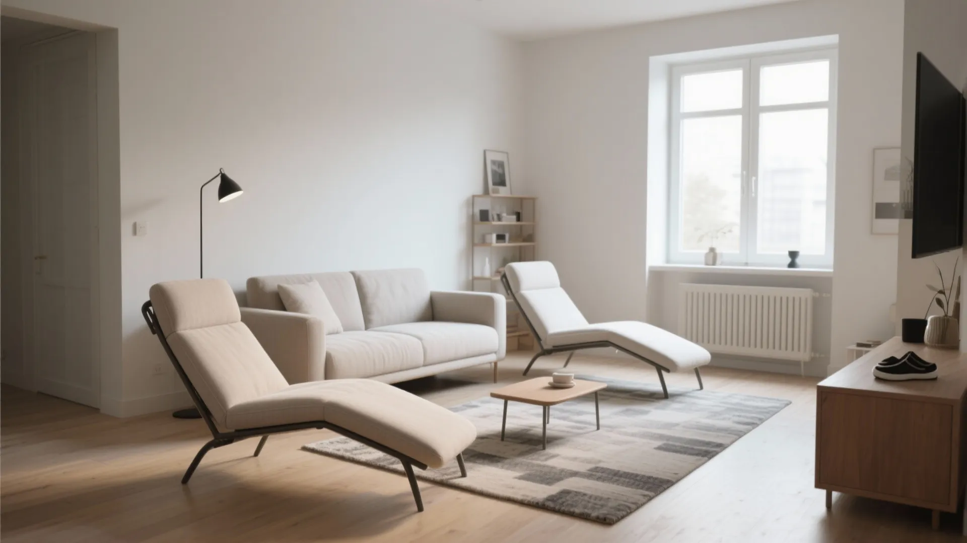 Minimalist living room with beige sofa two lounge chairs wooden floor rug and natural light