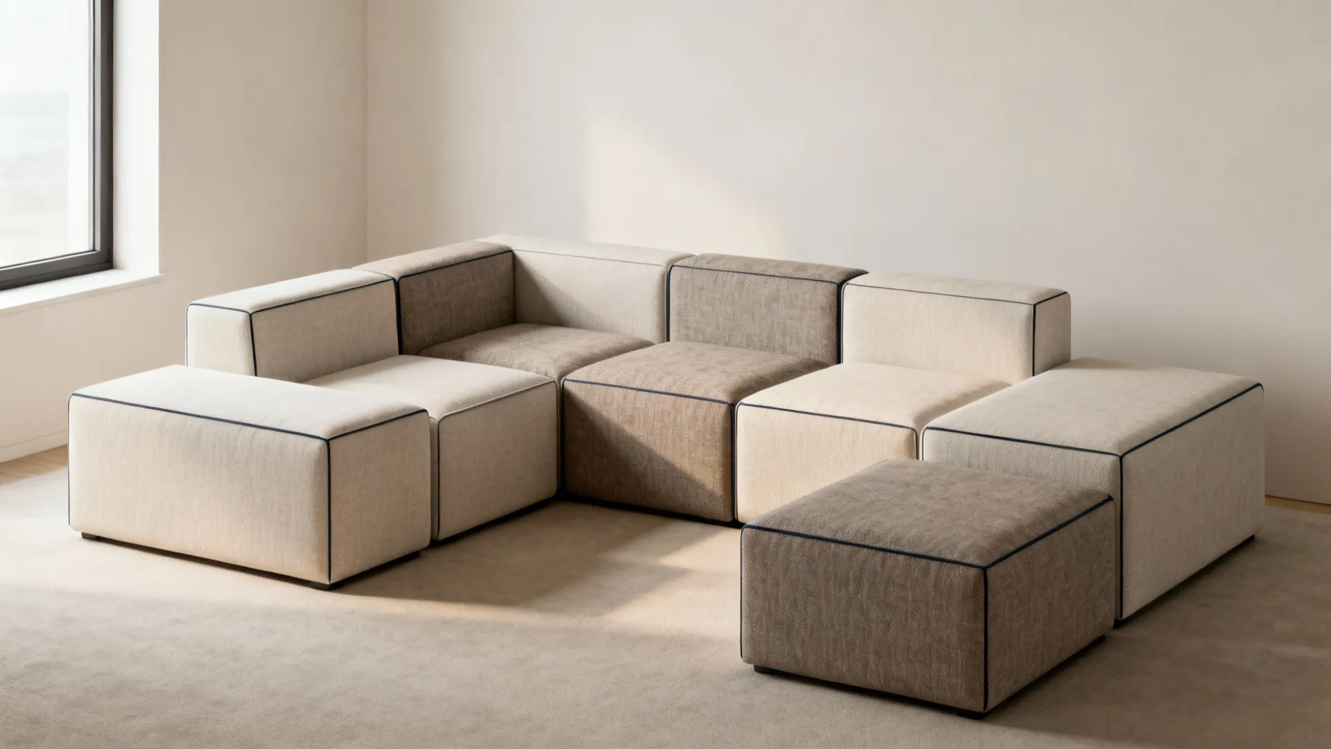 Small living area with armless sofa modules and cubes arranged for flexibility and movie night