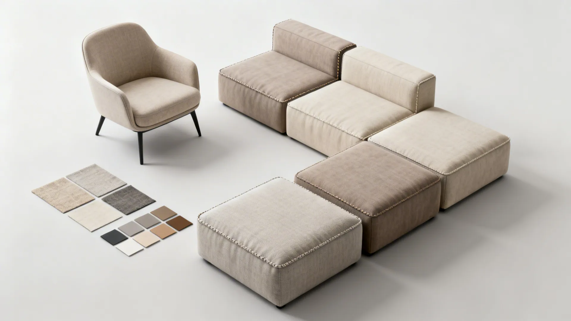 Top-down view of an armless chair and modular ottoman sections arranged in various layouts with fabric swatches