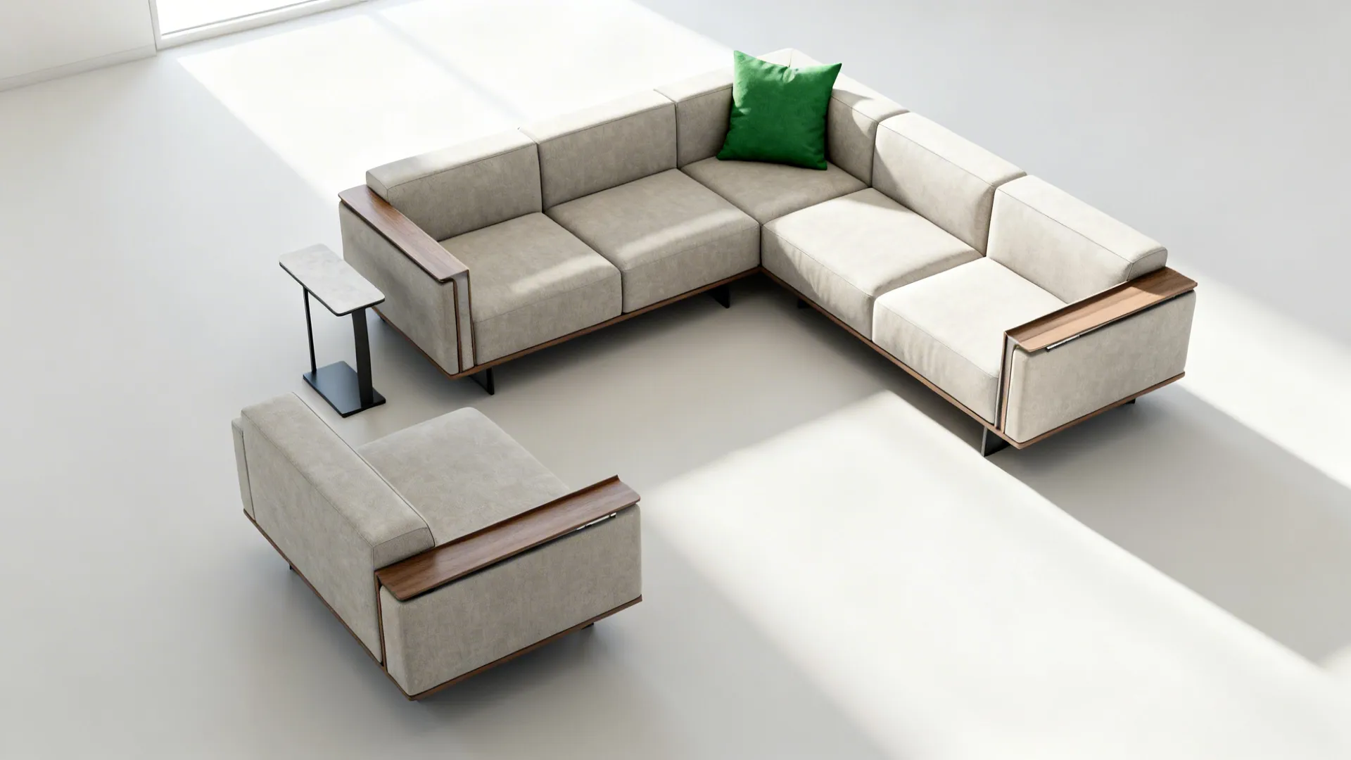 Top-down view of armless modular sofa configurations in a compact living room