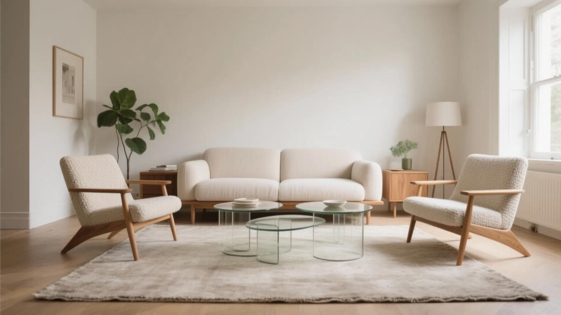 Minimalist living room with white sofa two armchairs three glass coffee tables and floor lamp