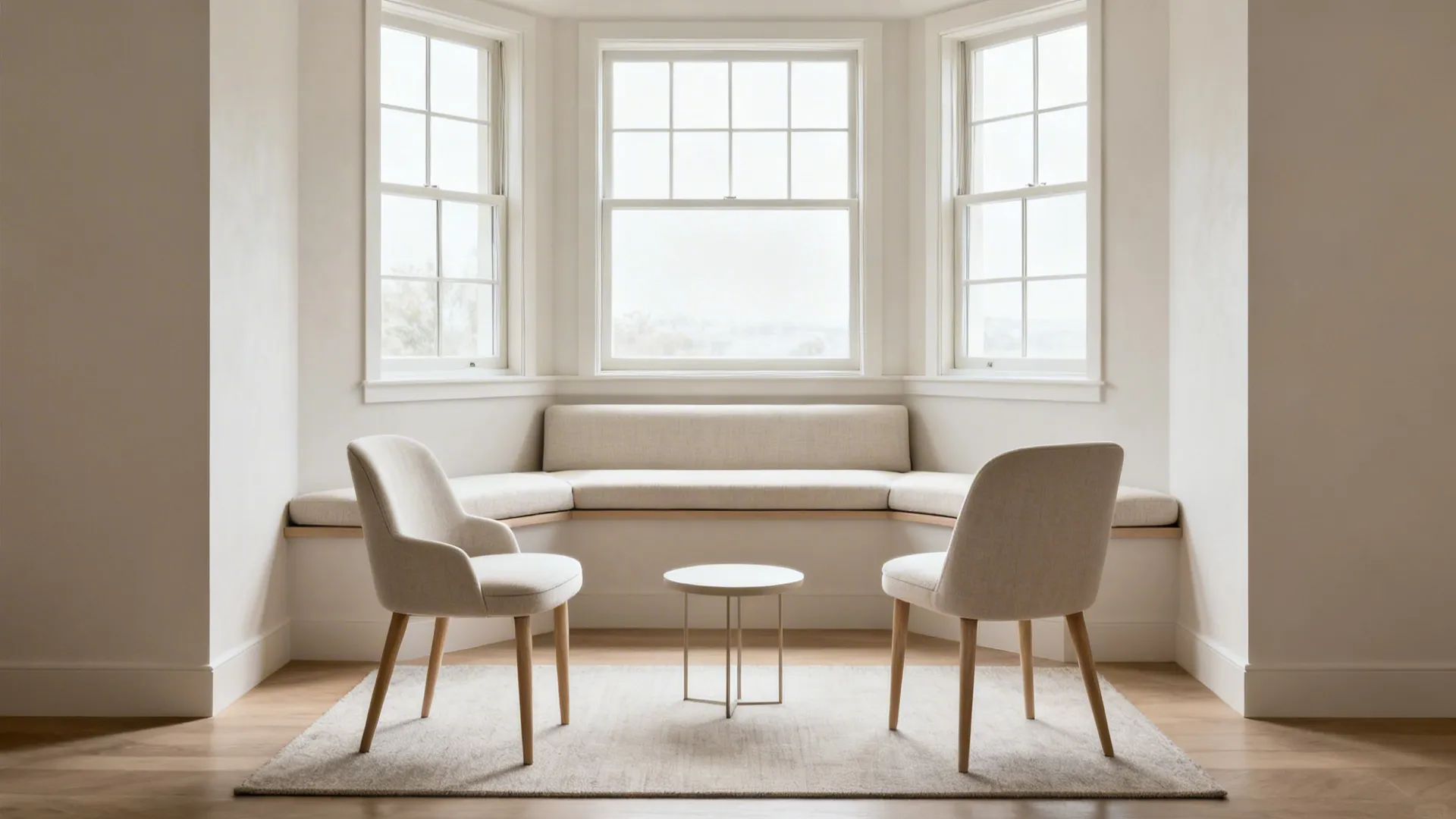 Armless settee and slender slipper chairs in a bright bay window nook with cohesive finishes.