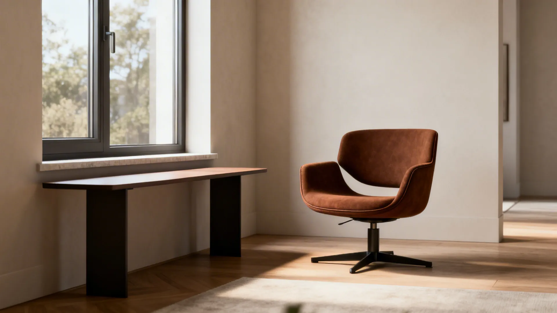 Armless brown swivel chair next to a slim console table embracing visual openness