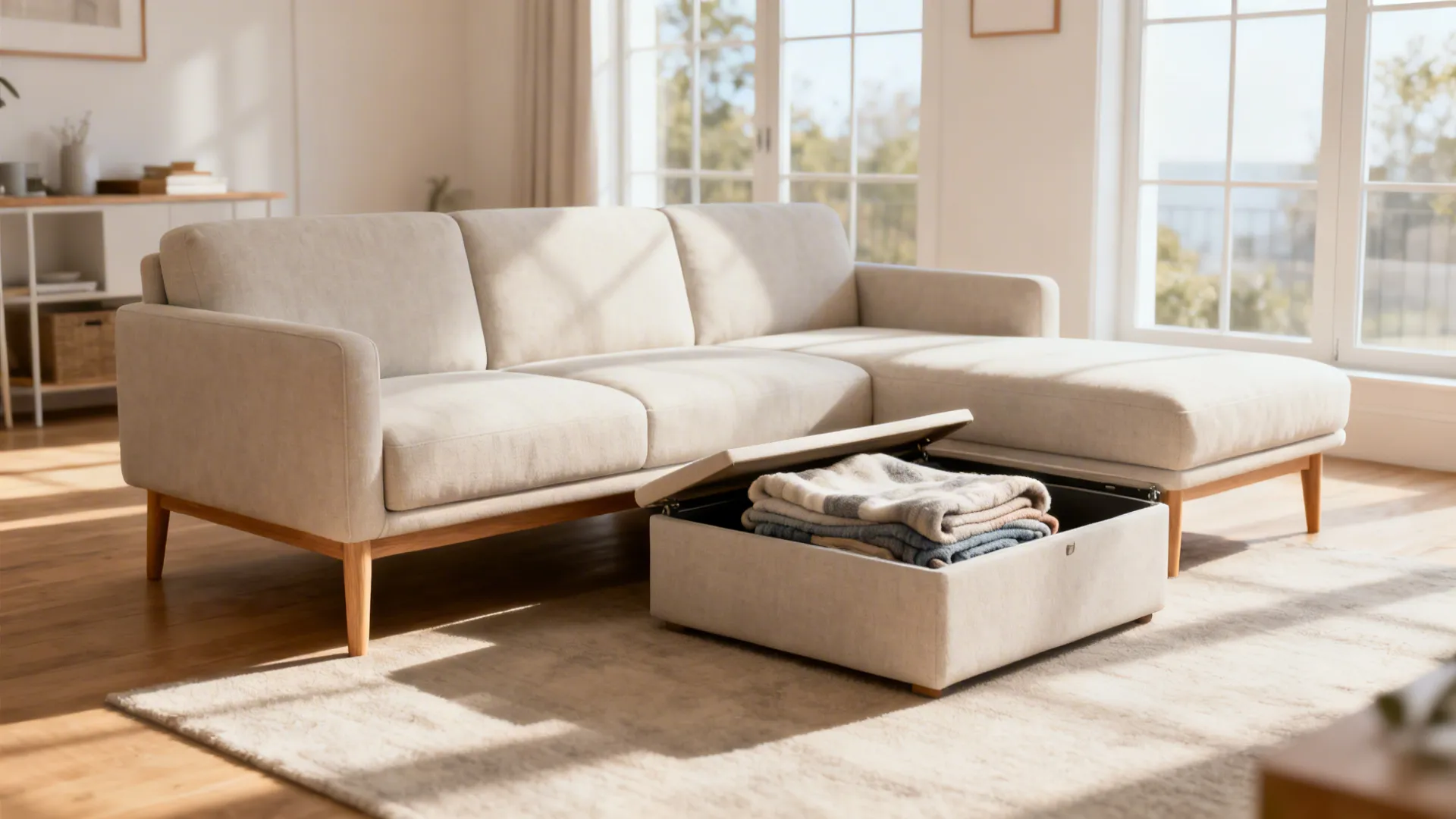 Small living room with an armless sectional and an open storage ottoman holding blankets