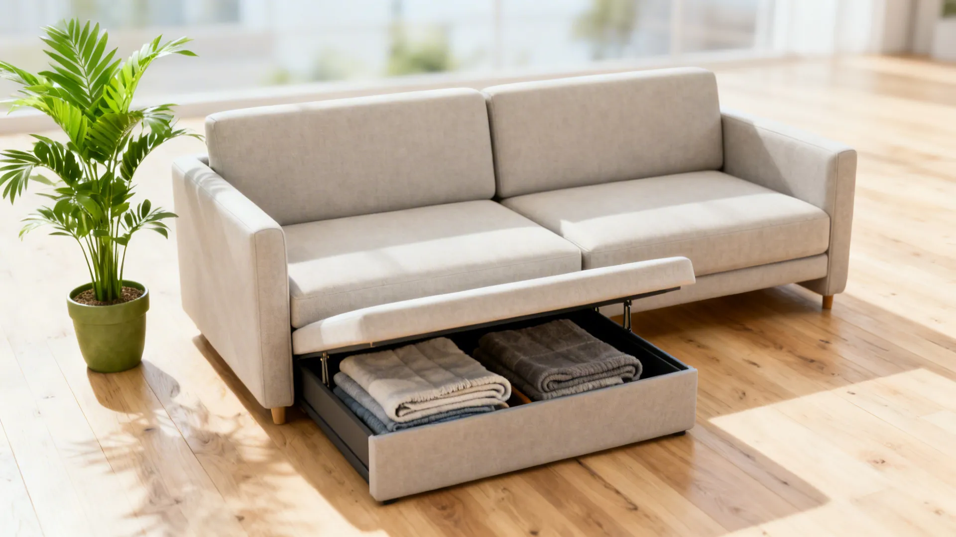 Armless two-seater sofa with an open storage ottoman in a tidy small living room