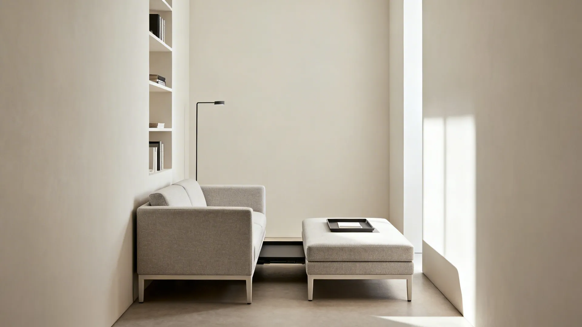 Armless two-seater with a firm ottoman used as a table in a narrow small living room.