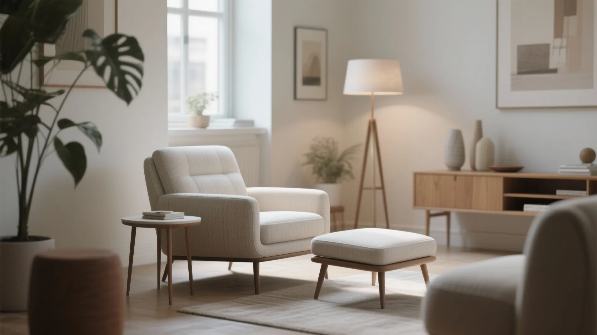 Simple white chair with a matching footrest sitting on a rug in a modern home