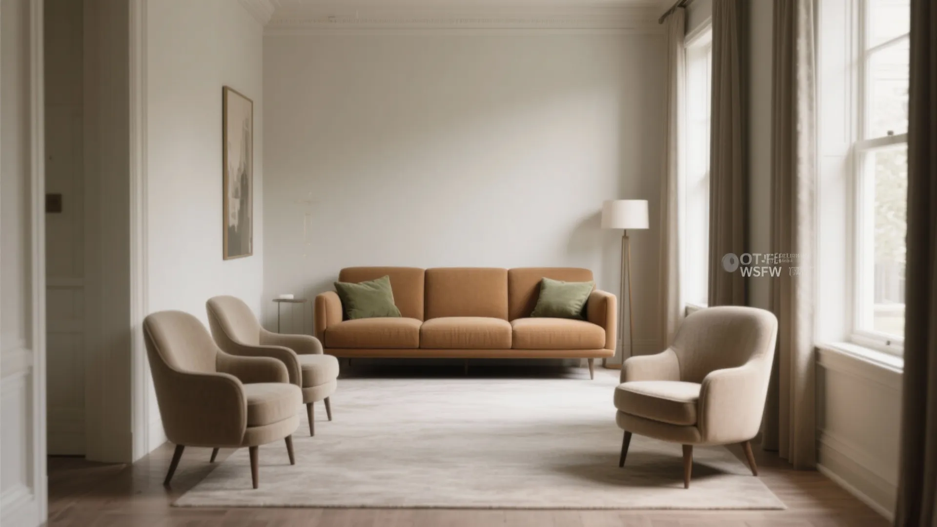 A narrow parlor with a 72-inch armless sofa and two slipper chairs, creating five seats and a lighter look.