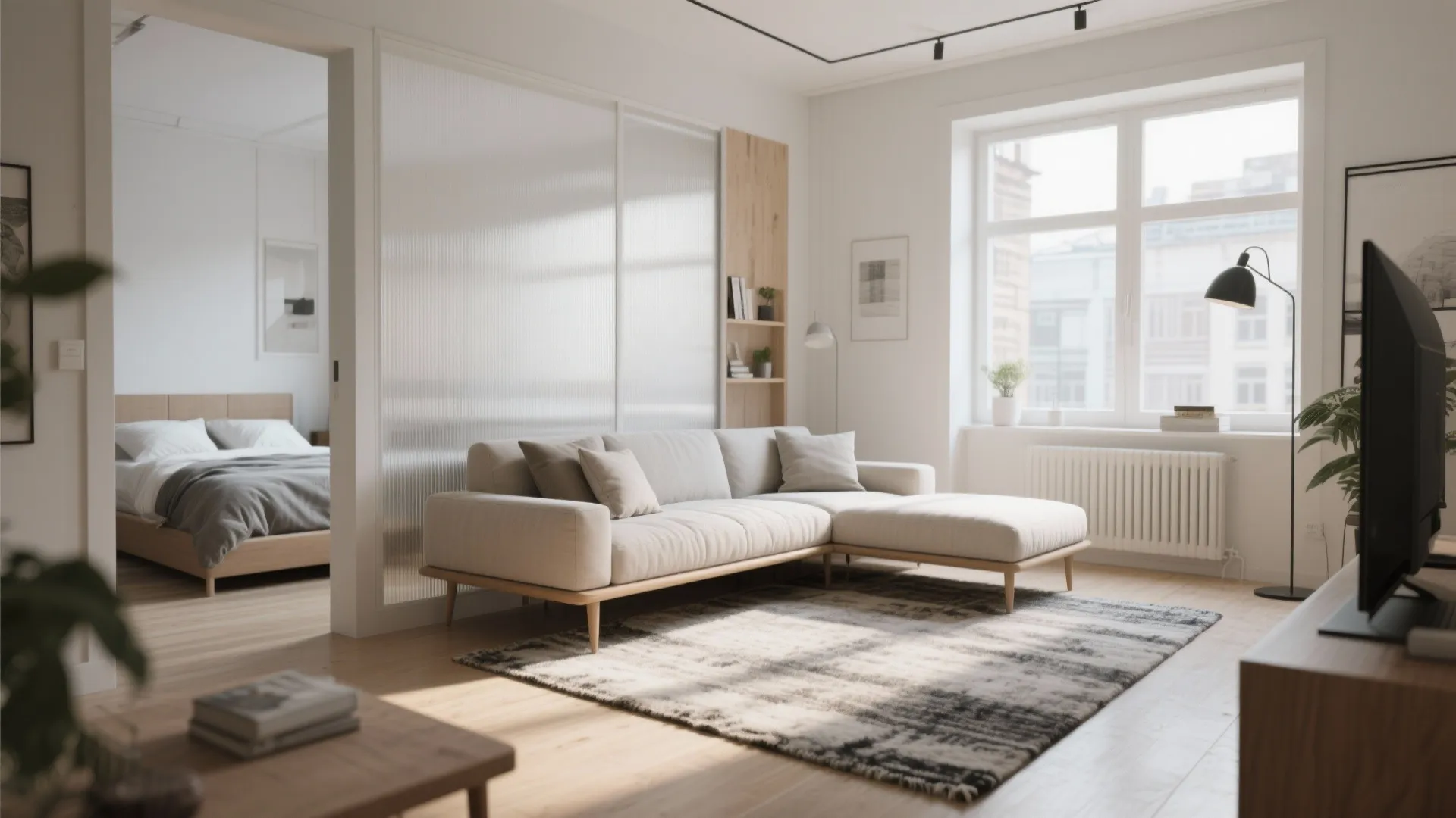 Bright open apartment showing living room sofa rug and view into the nearby minimalist bedroom