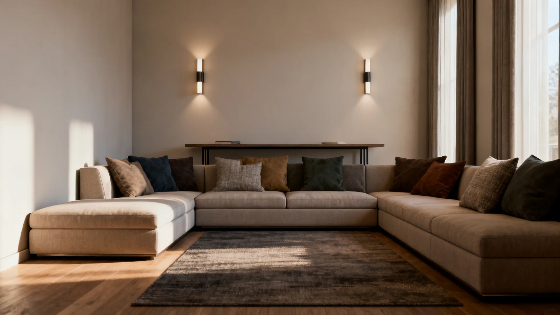 Large grey sofa with many colorful pillows in a living room with two wall lights