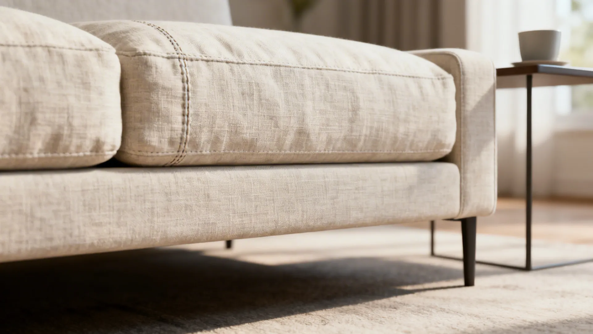 Close-up of a compact armless linen sectional with slim legs and a narrow side table