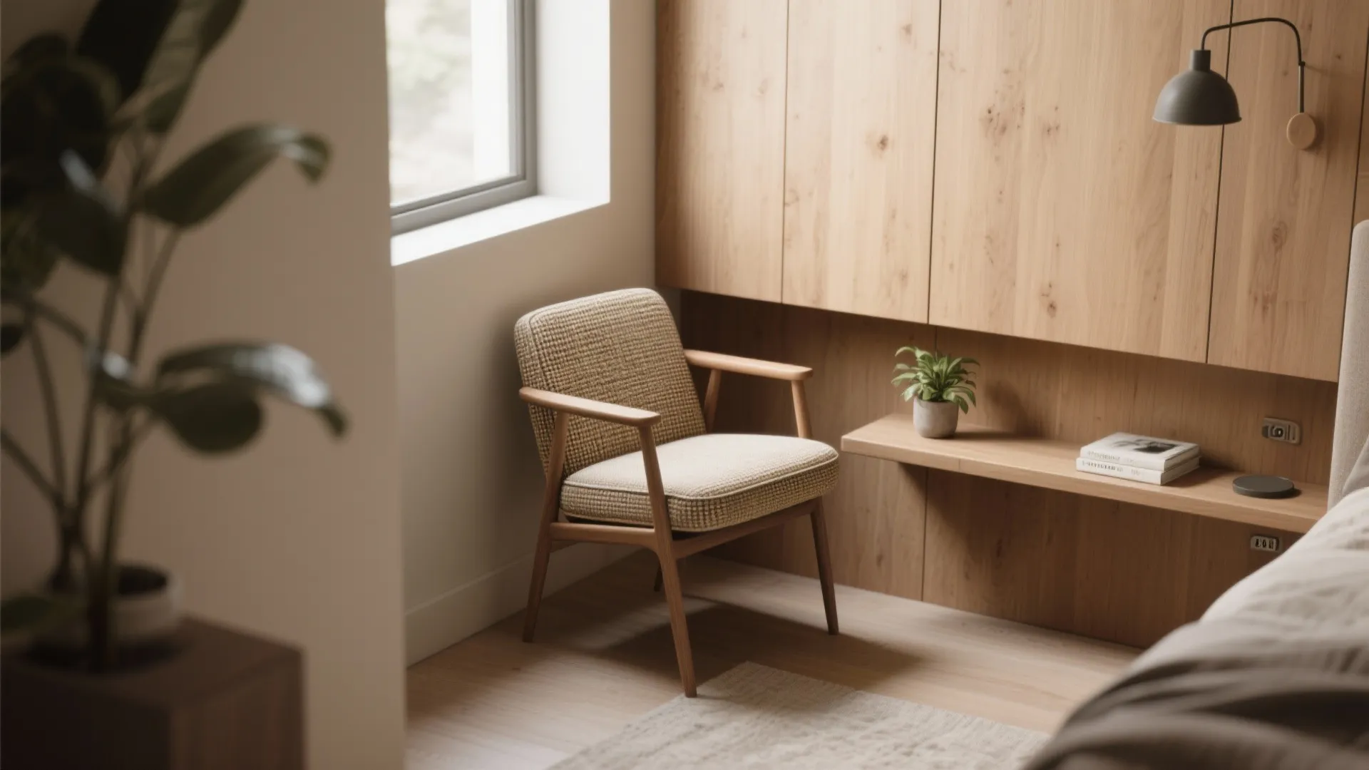 Armless accent chair plus side shelf