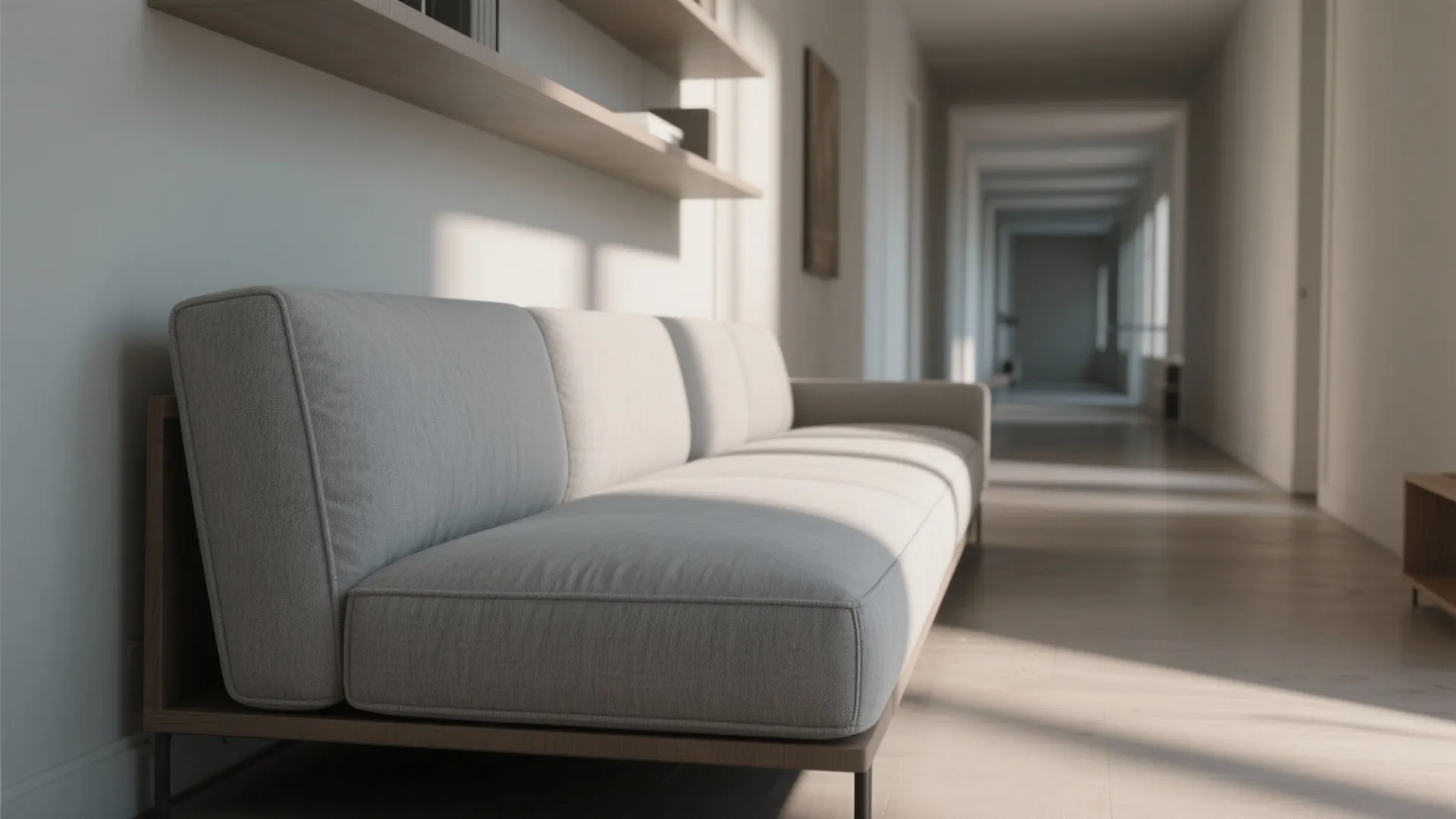 Modern grey sofa placed in a long hallway with wooden floors and soft natural sunlight