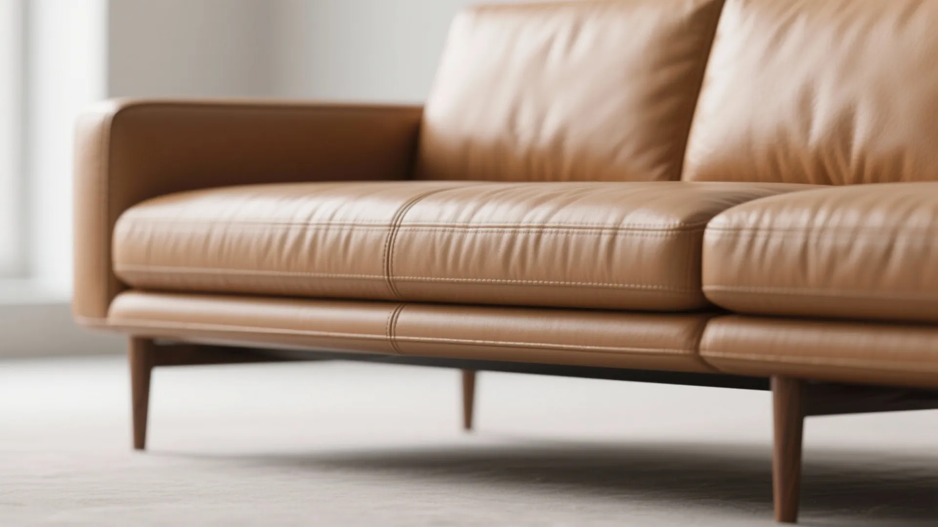 Modern brown leather sofa with soft cushions and wooden legs shown in bright living room light