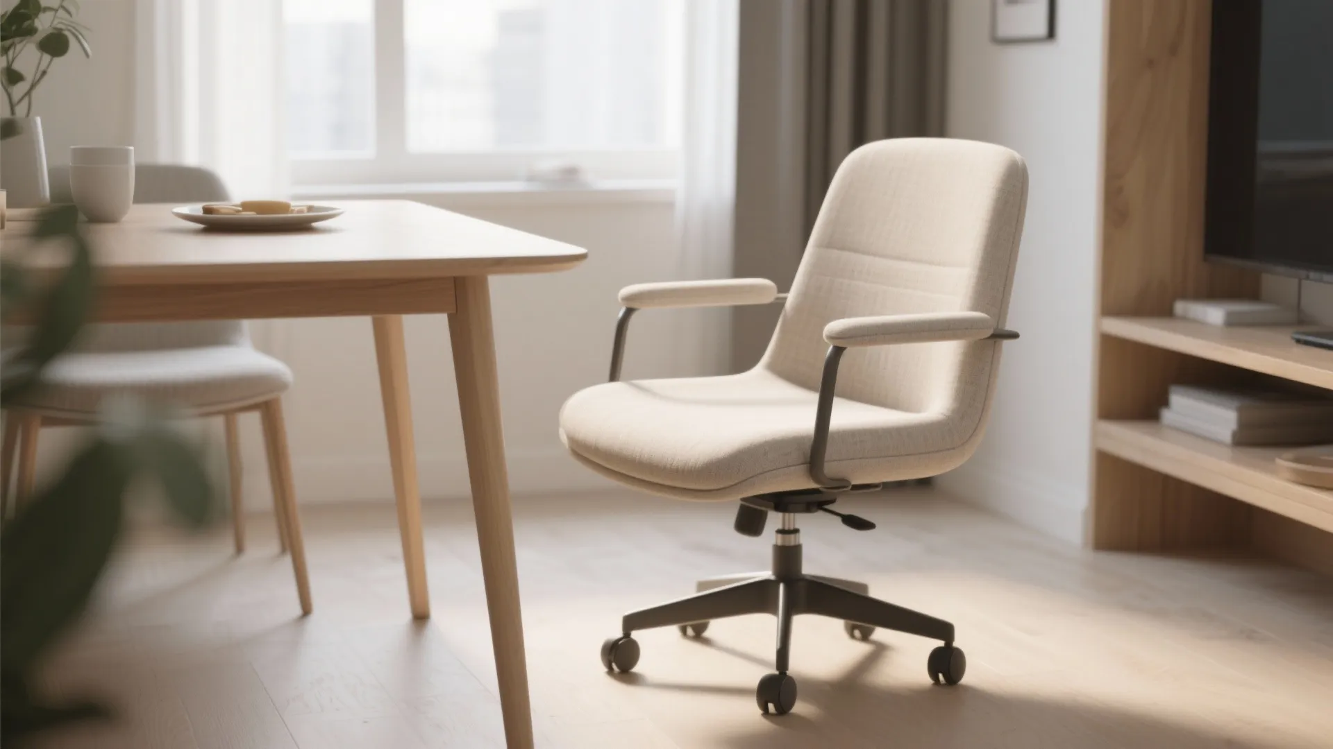 Beige fabric desk chair with armrests next to wooden dining table in bright sunny room
