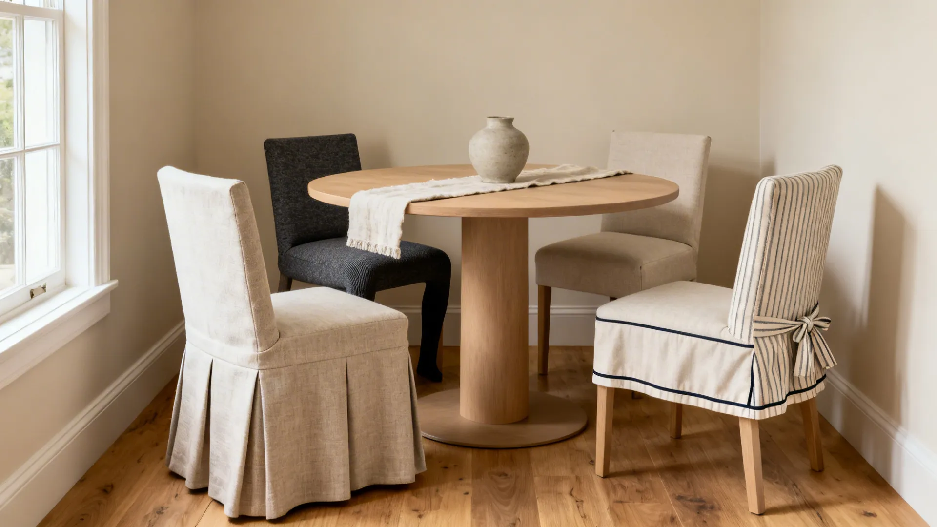 Round wooden dining table with four chairs showing various fabric slipcovers in a sunny room