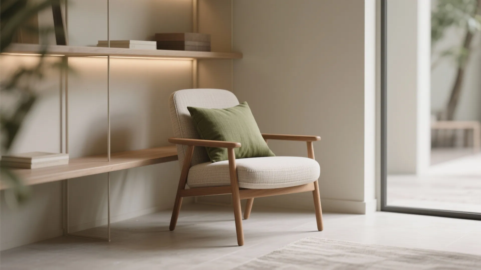 Minimalist living room corner featuring a wooden armchair with green pillow and light wood wall shelves