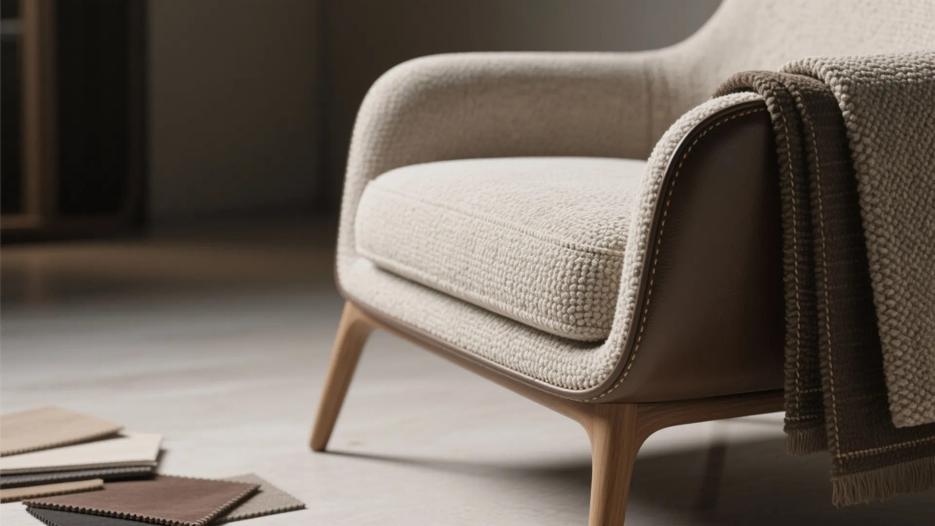 Close up of a beige fabric chair with leather detail and wood legs near samples