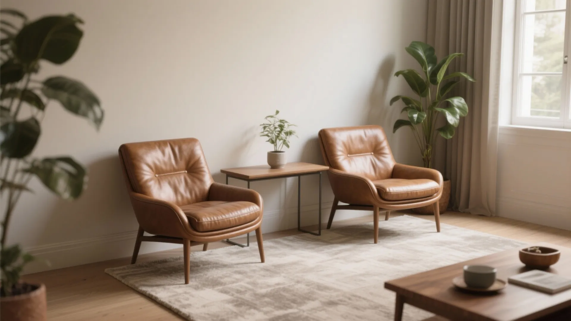Two brown leather armchairs placed by a small wooden table with green plants and window