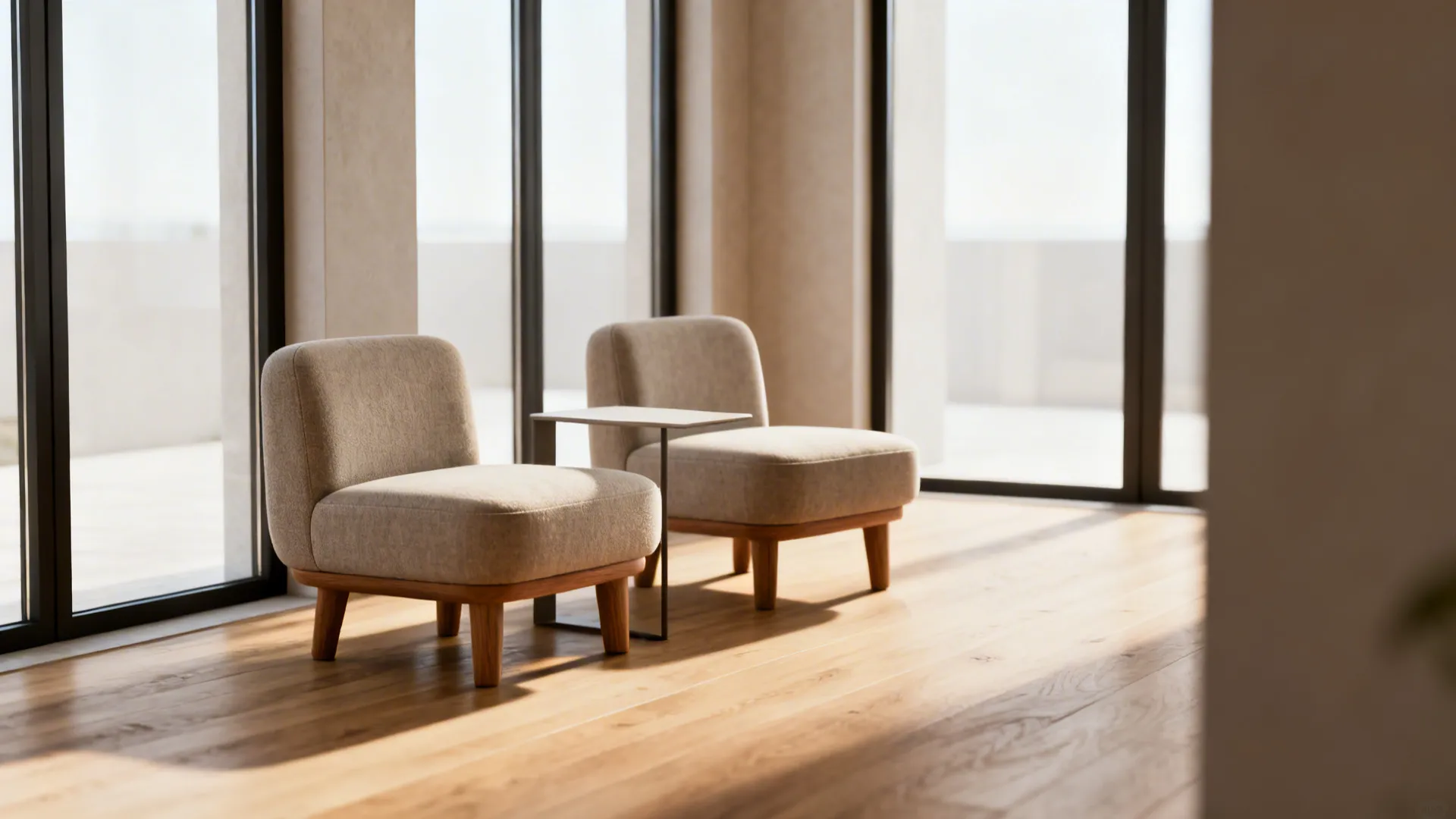 Compact living space with armless slipper chairs positioned low to the floor