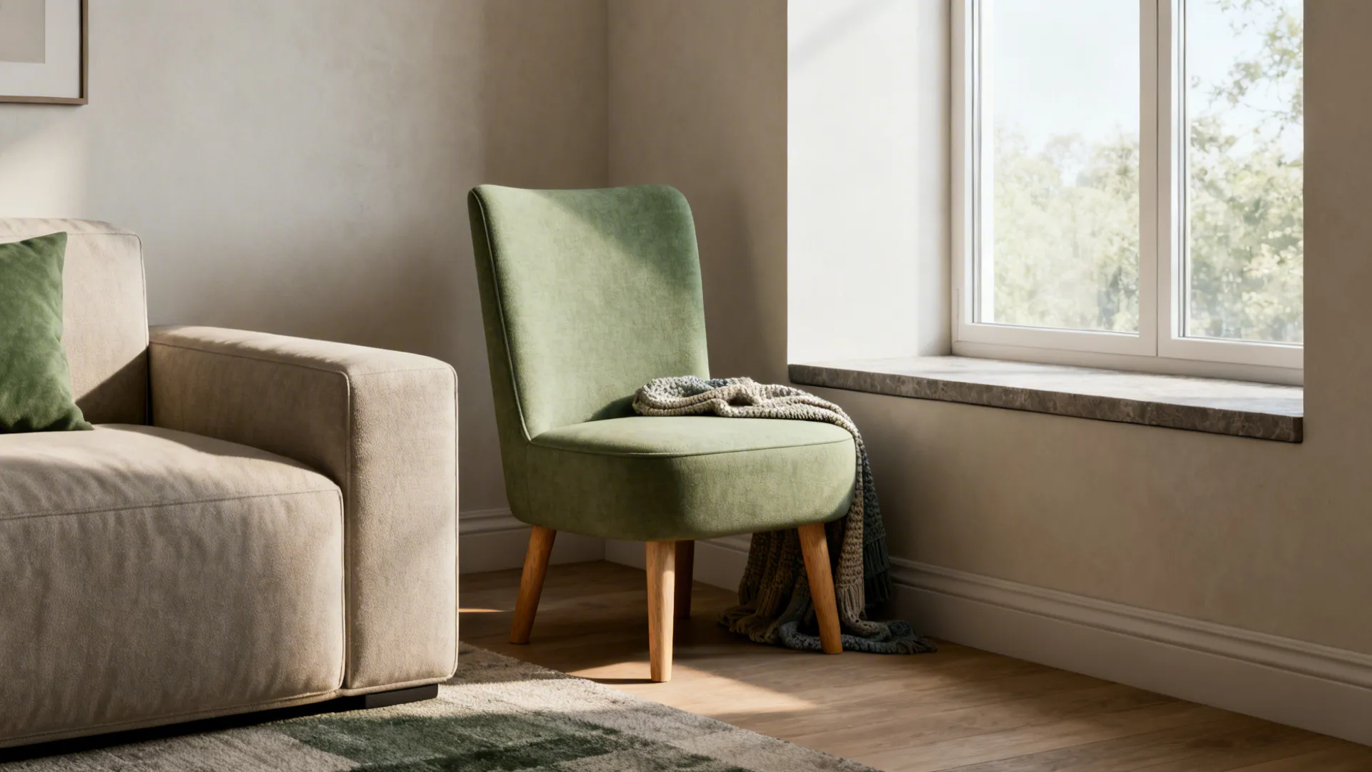 Armless slipper chair tucked beside a sectional in a small living room nook