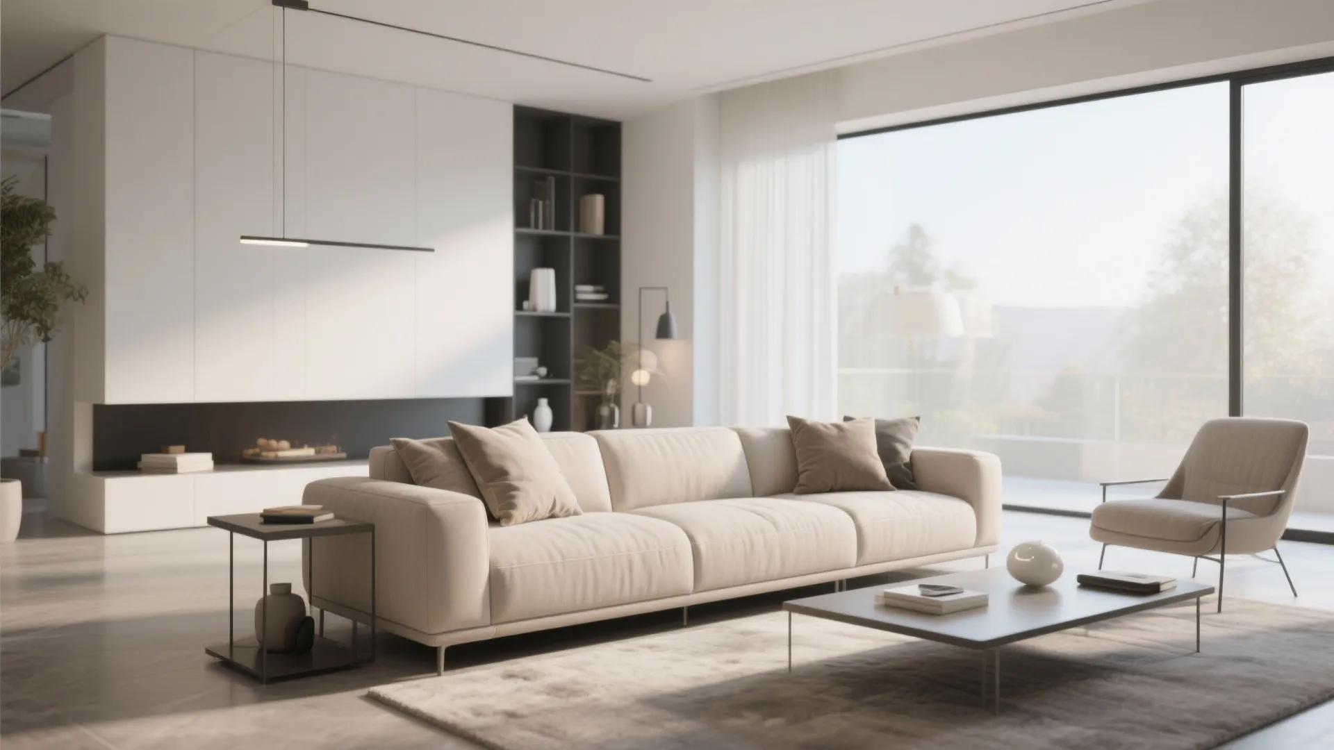 Modern open plan living room with cream sofa coffee table grey rug and big windows