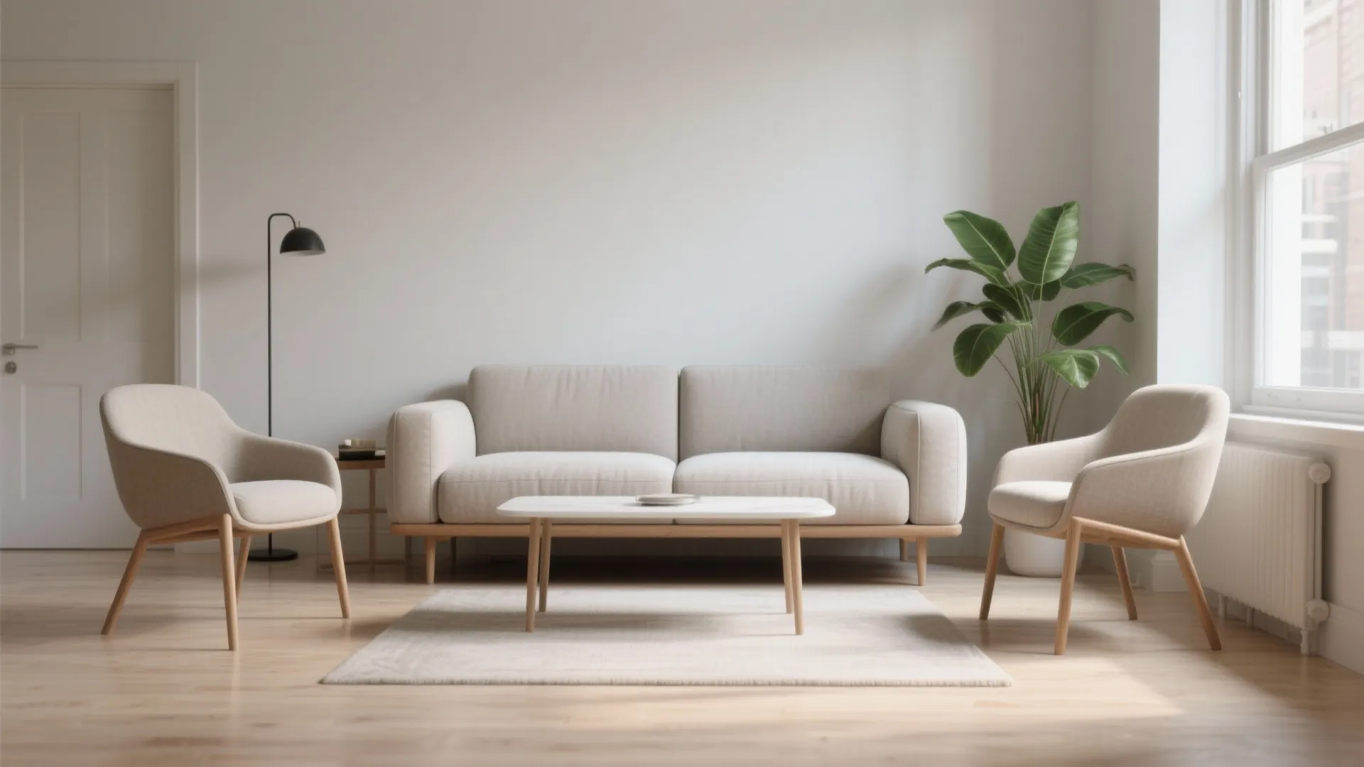 3. Armless Sofa Paired with Slim Accent Chairs