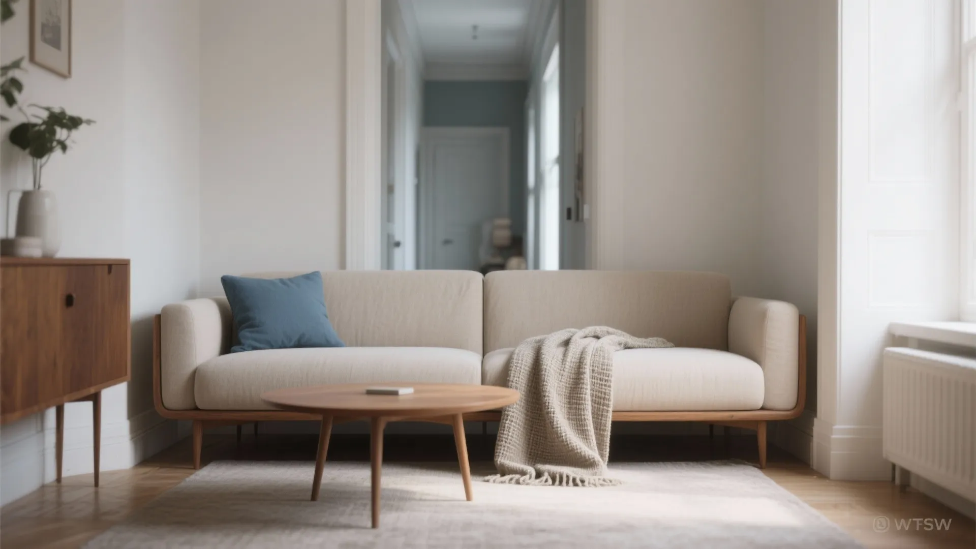 Armless apartment sofa for visual breathing room